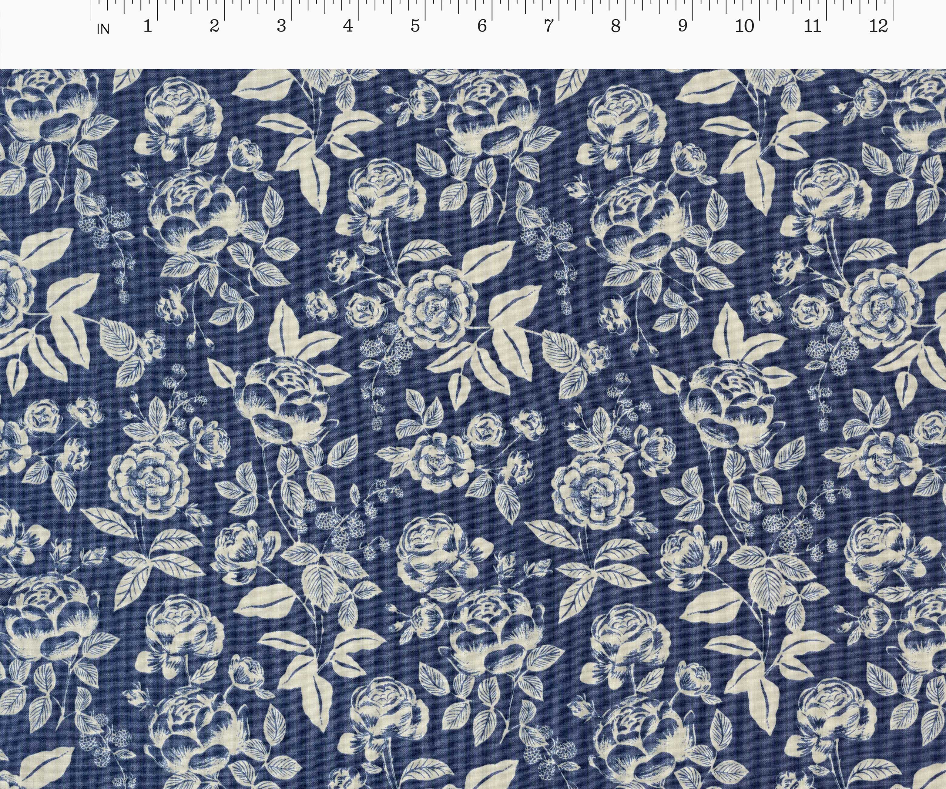 English Rose Cotton Fabric - Blue & Cream