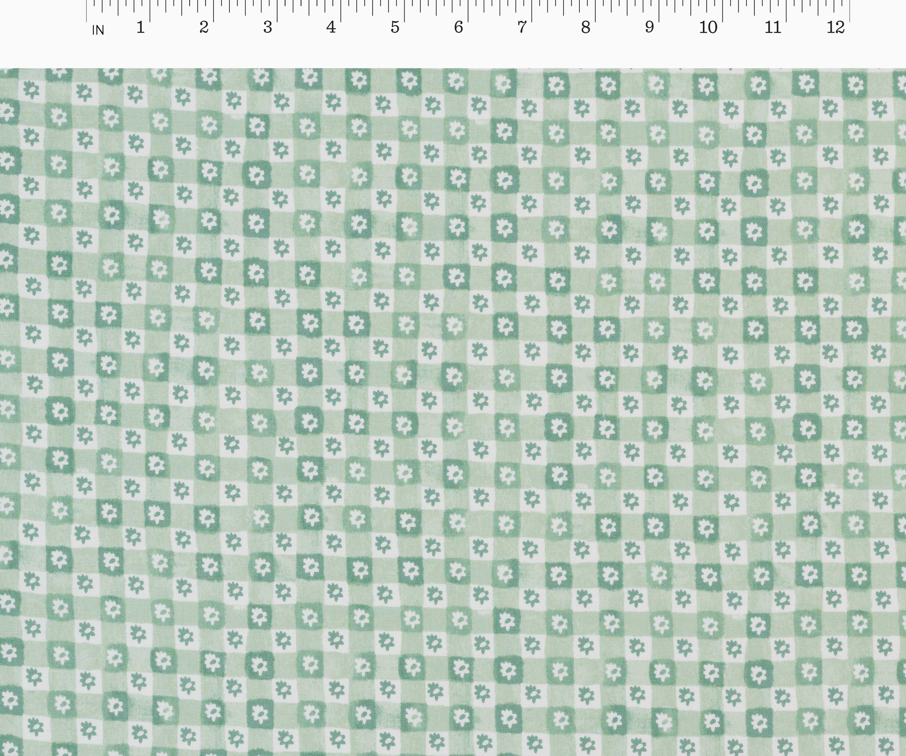 Daisy Gingham Cotton Fabric - Green