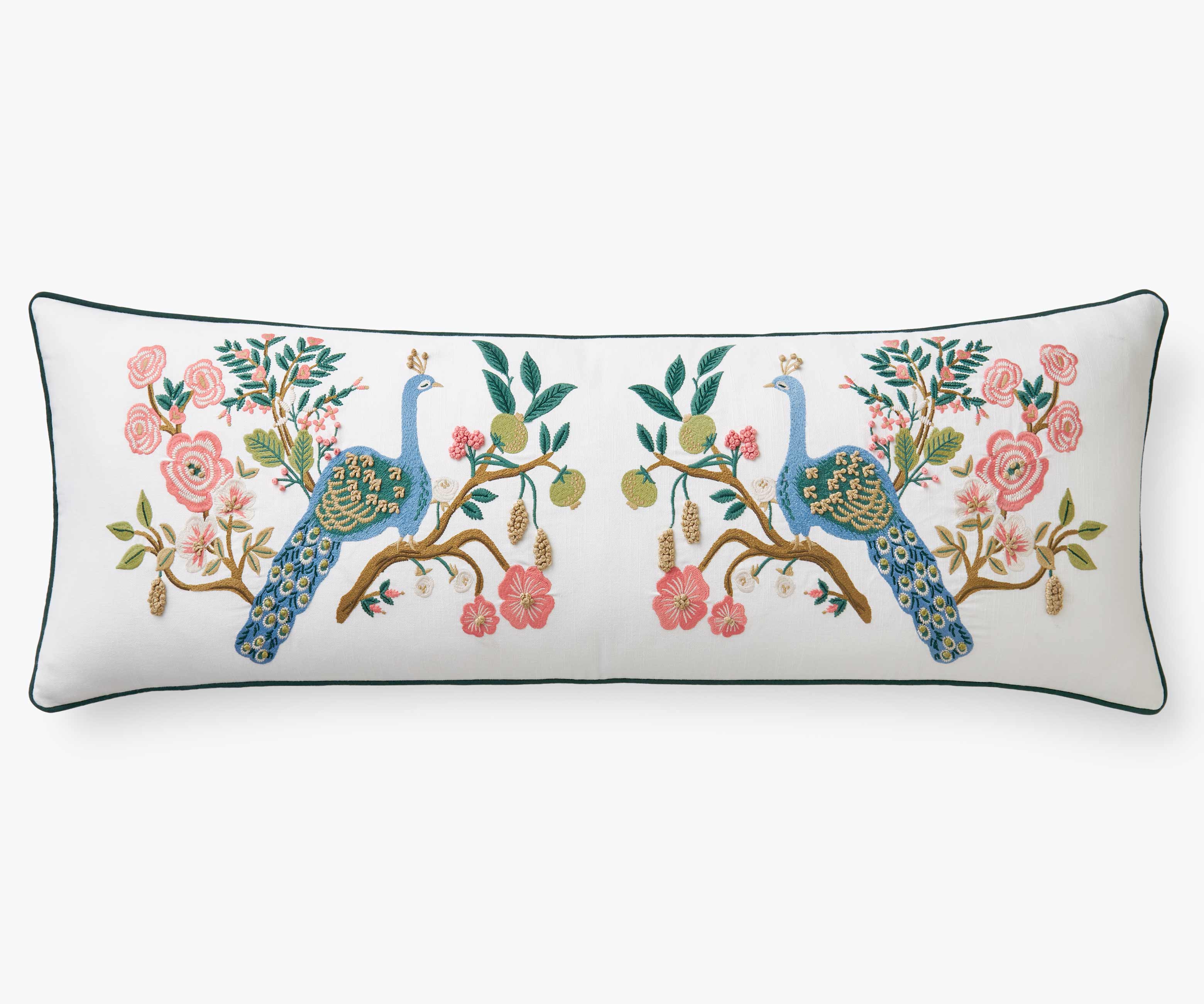 Embroiderd Lumbar Pillow Cover - Peacock White