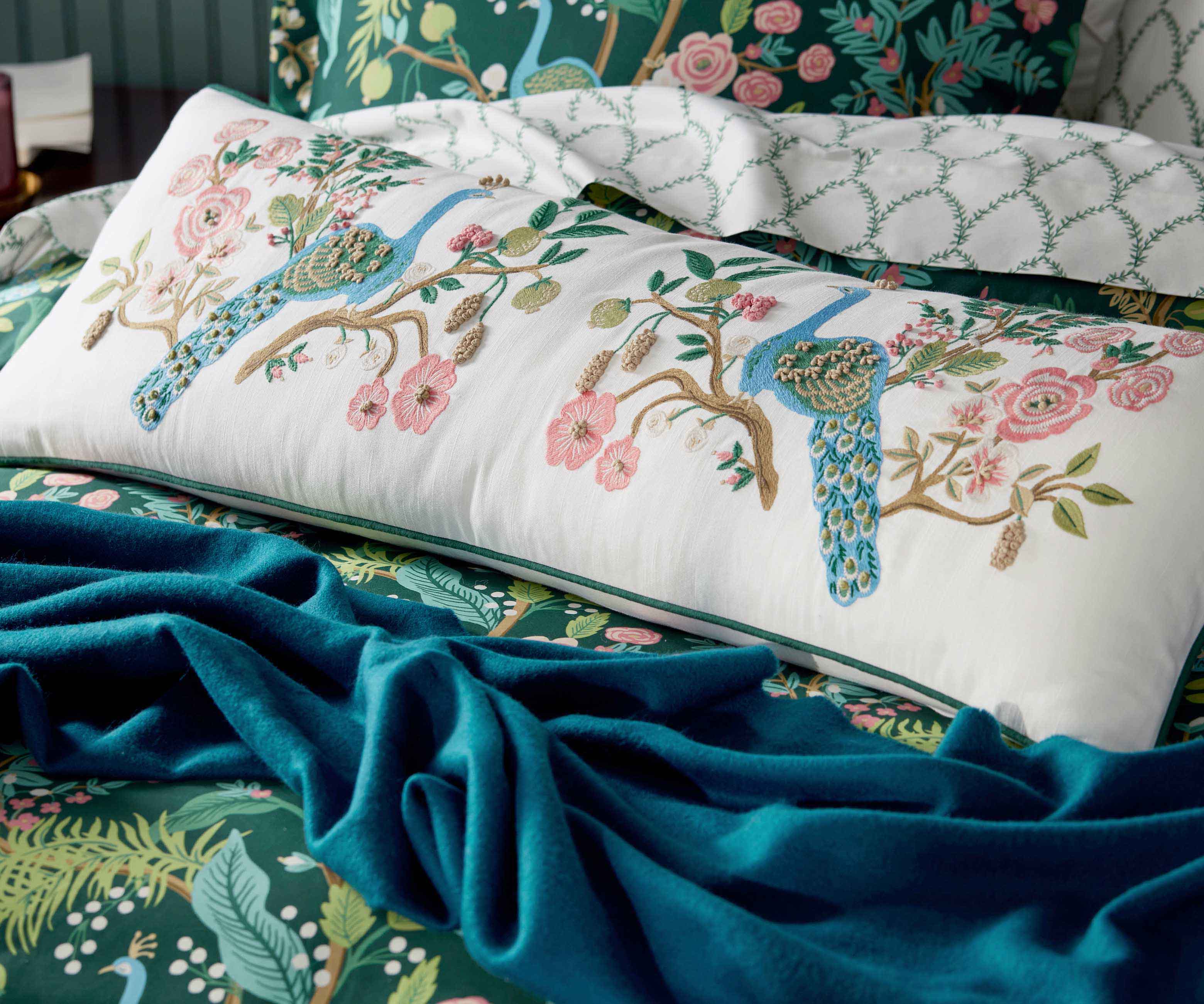 Embroiderd Lumbar Pillow Cover - Peacock White