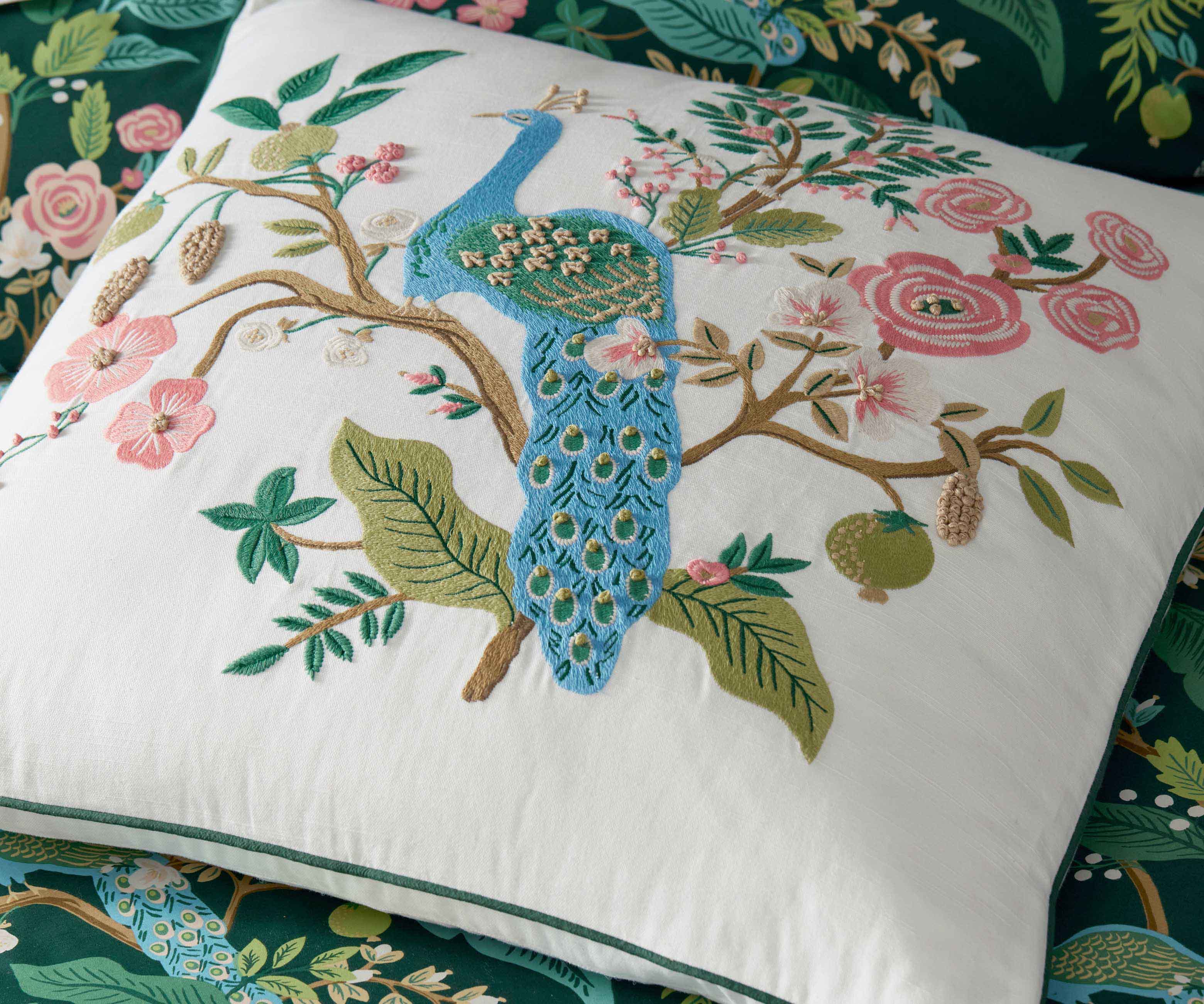 Embroidered Pillow Cover - Peacock White