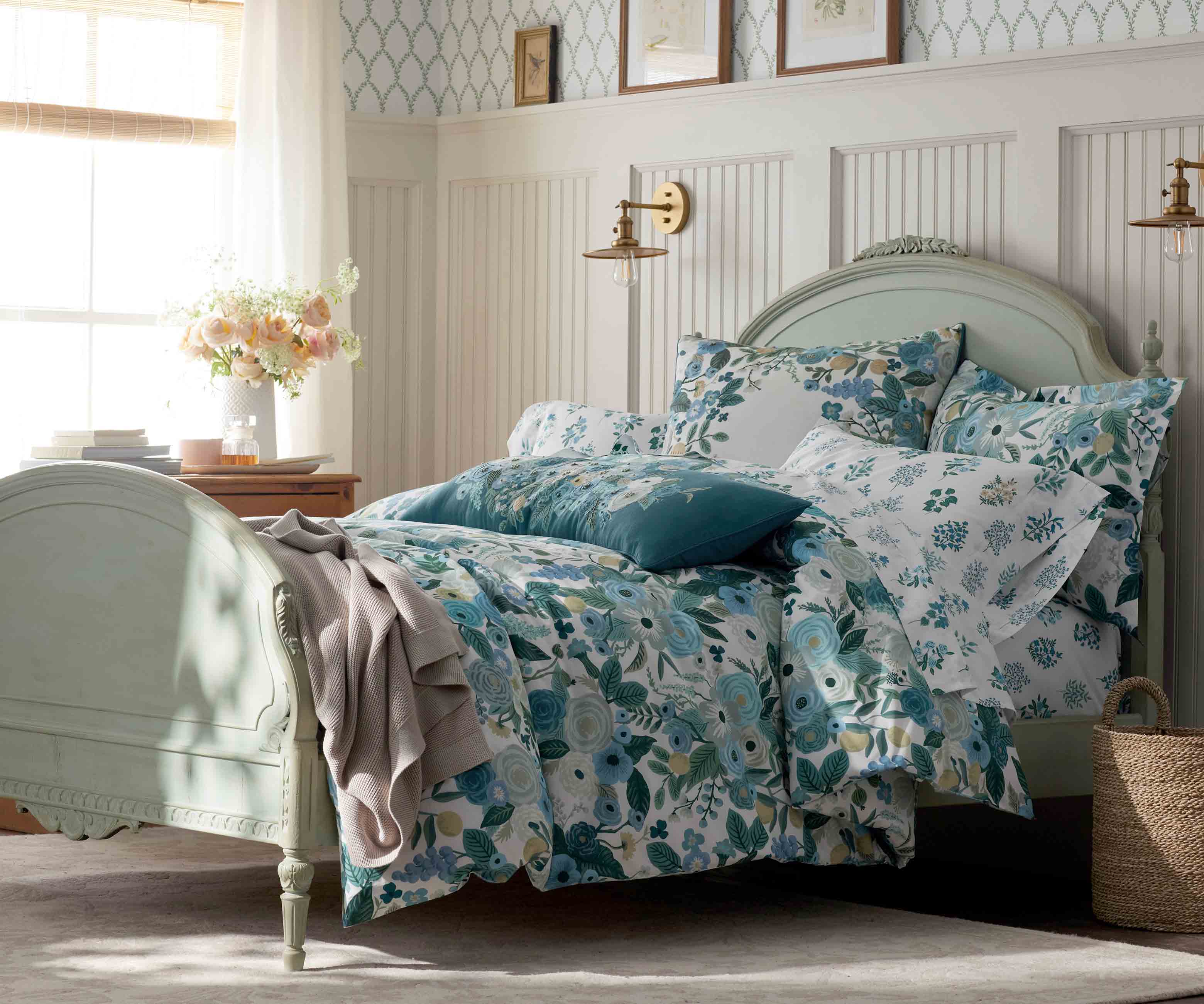 Embroidered Lumbar Pillow Cover - Garden Party Blue