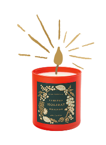 Red candle with gold accents and a decorative label on a white background