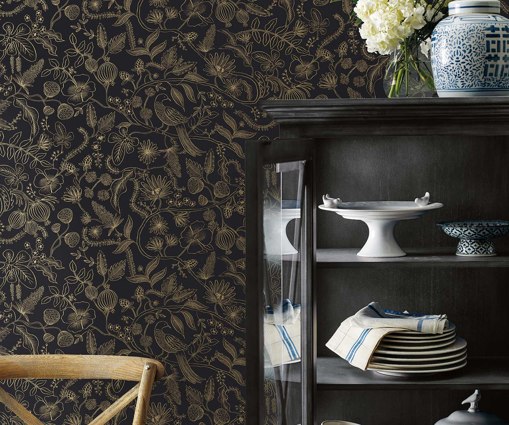 Aviary Peel & Stick Wallpaper Sample Metallic Gold & Black Rifle