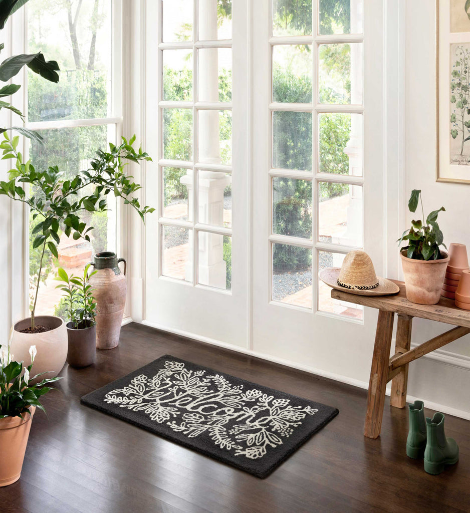 Minnie Welcome Black Wool-Hooked Rug | Rifle Paper Co.