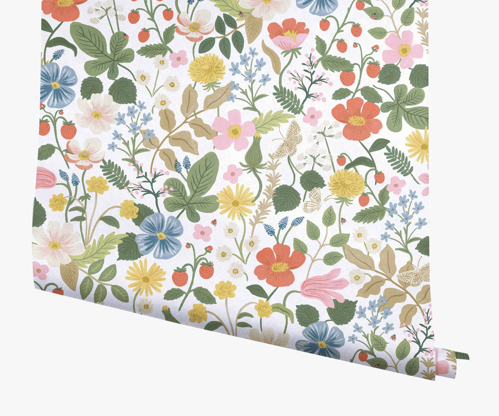 Strawberry Fields White Floral Wallpaper | Rifle Paper Co.