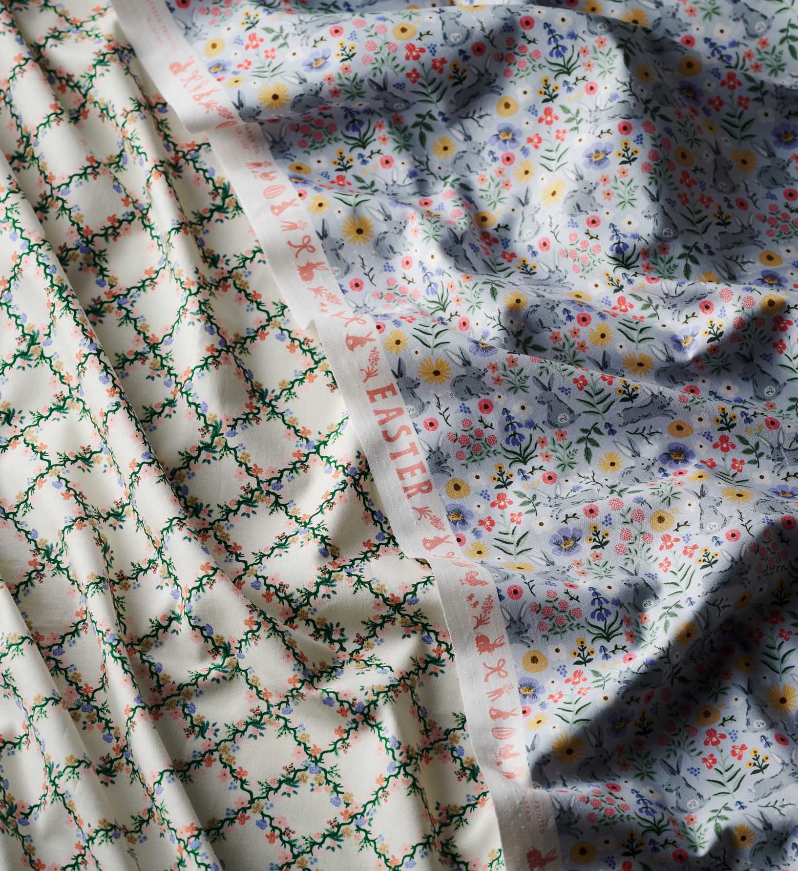 Bunny Floral Cotton Fabric - Blue