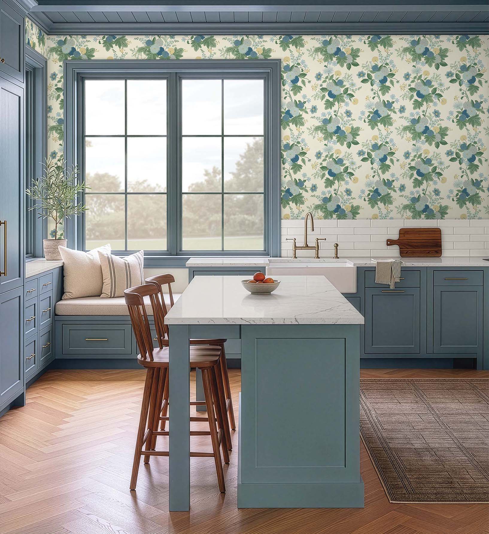 Dahlia Wallpaper - Linen & Blue