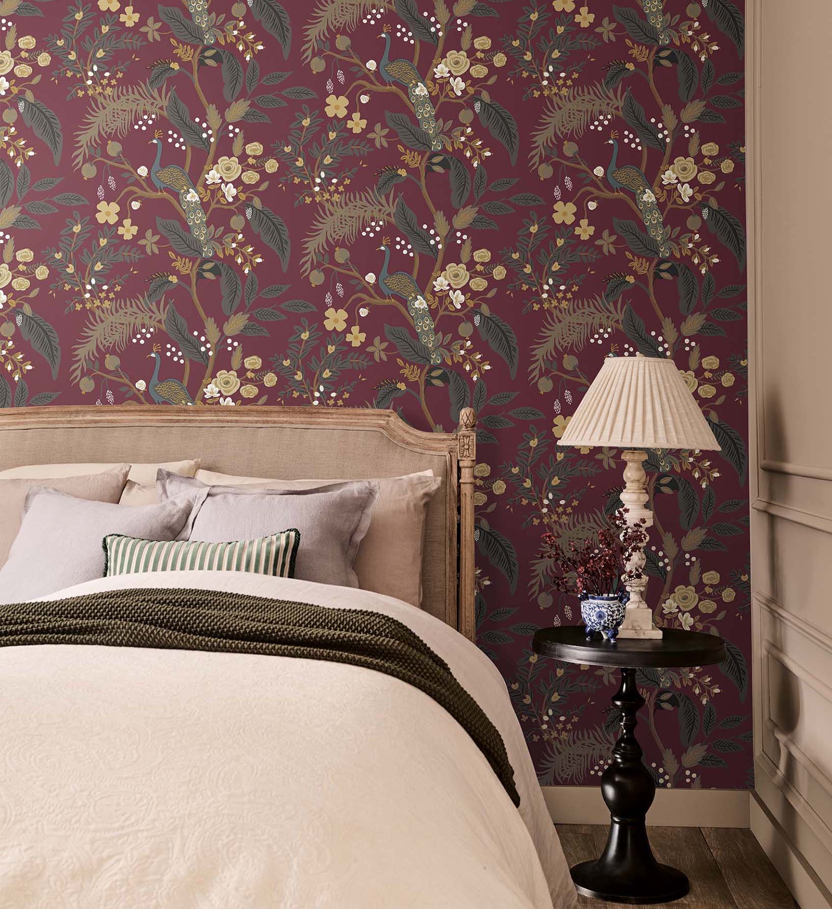 Peacock Wallpaper - Burgundy