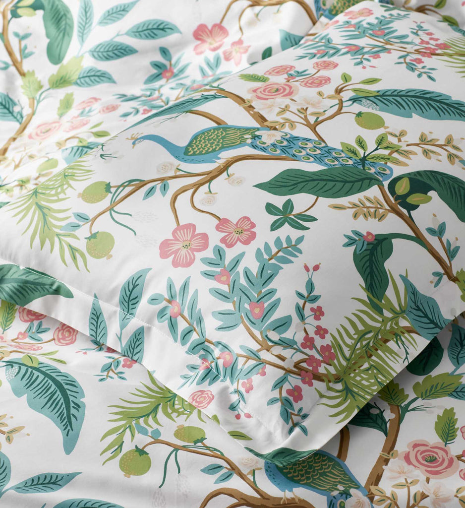 Peacock White Sateen Sham | Rifle Paper Co.