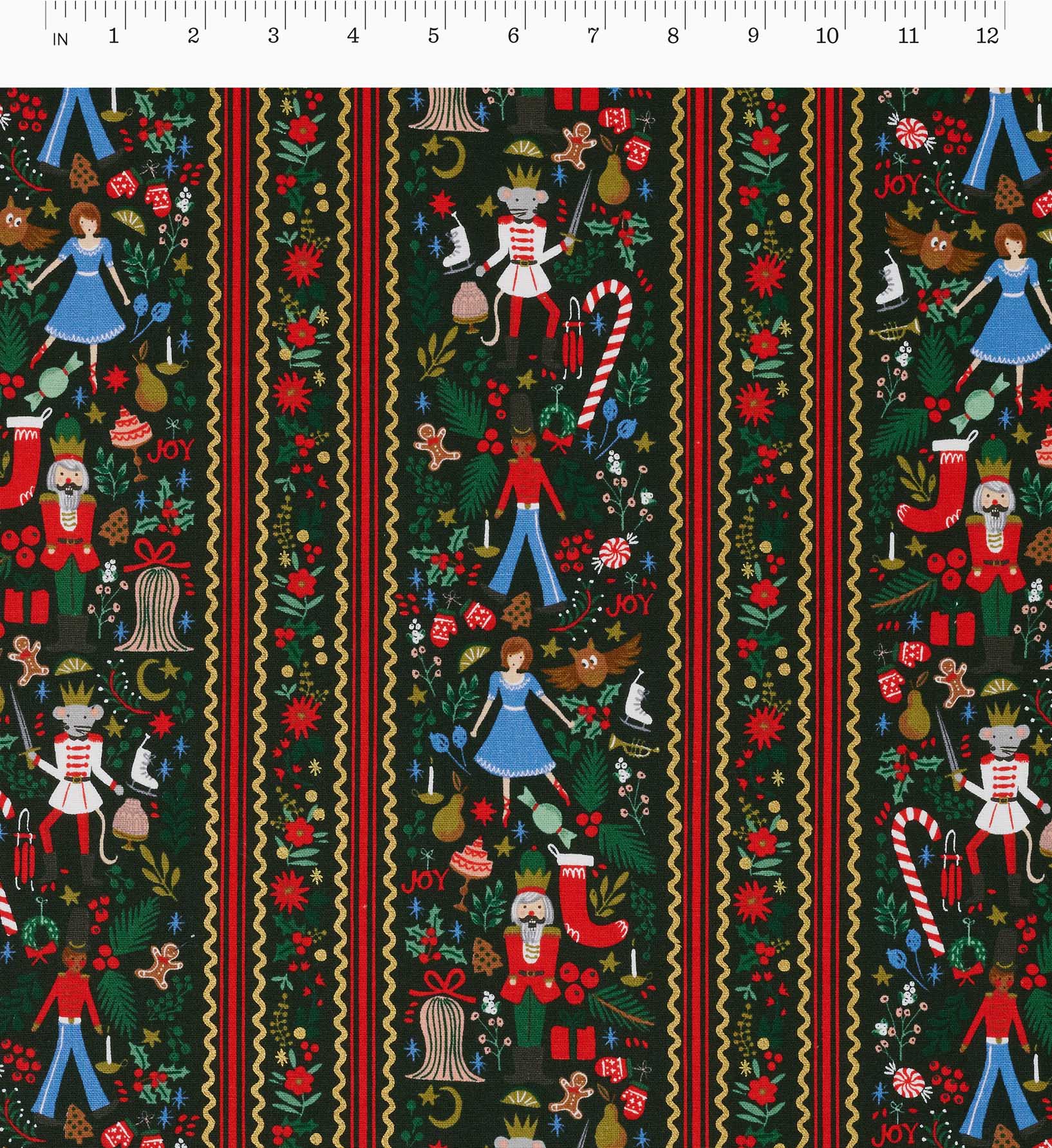 Holly Jolly Nutcracker Canvas Metallic Fabric -  Evergreen and Gold