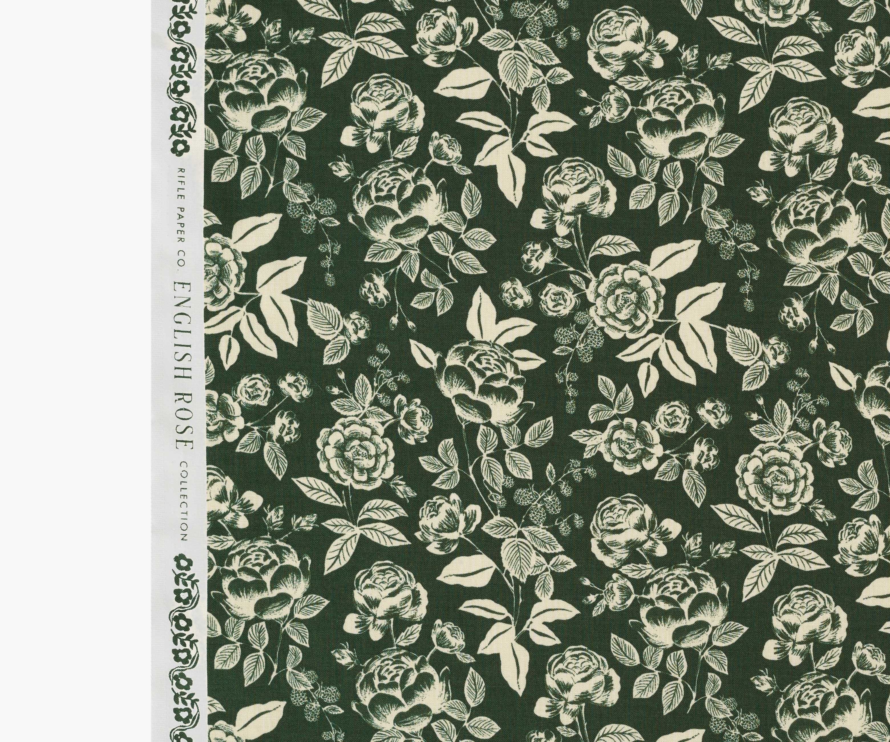 English Rose Cotton Fabric - Hunter & Cream