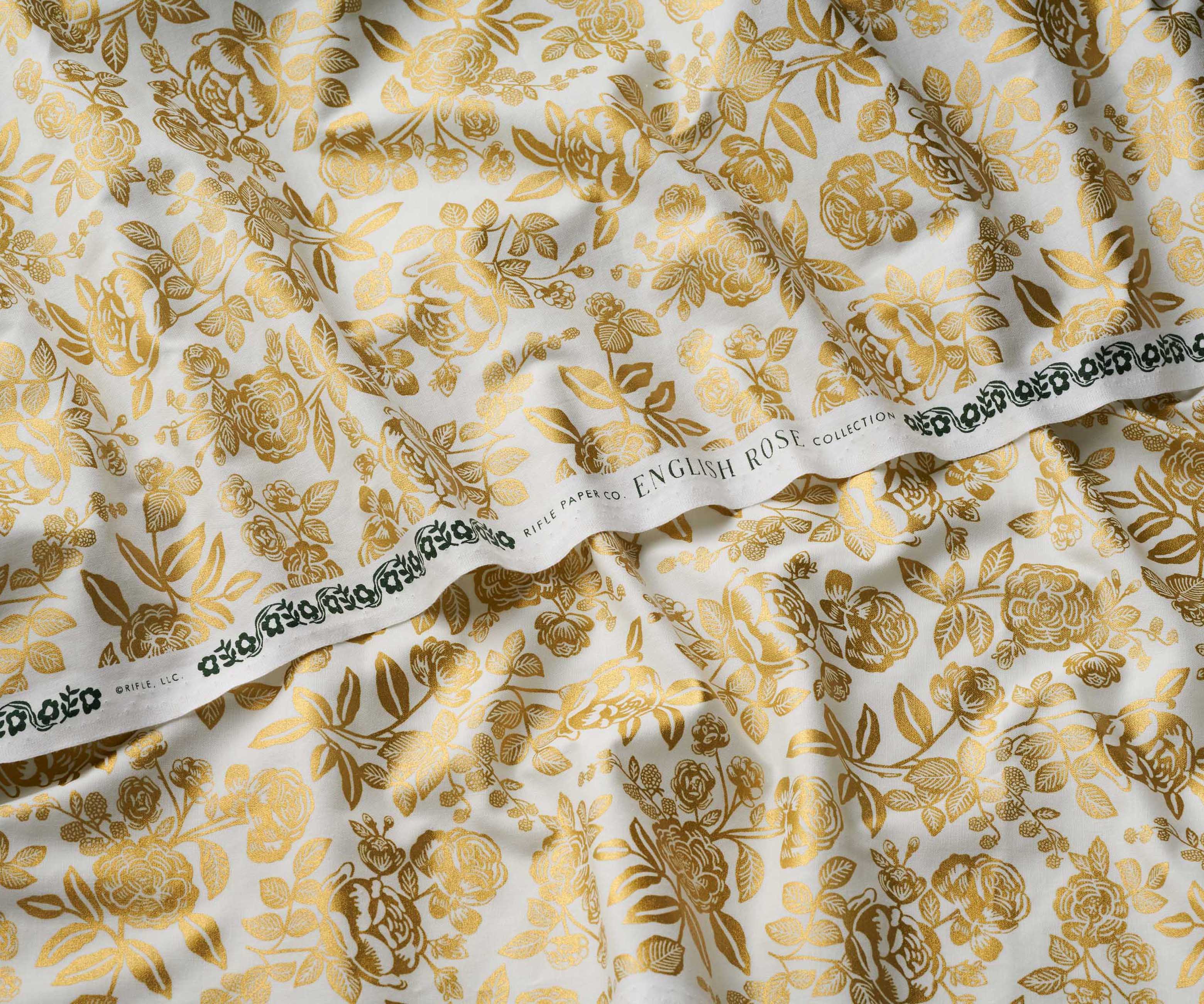 English Rose Cotton Metallic Fabric - Cream & Gold
