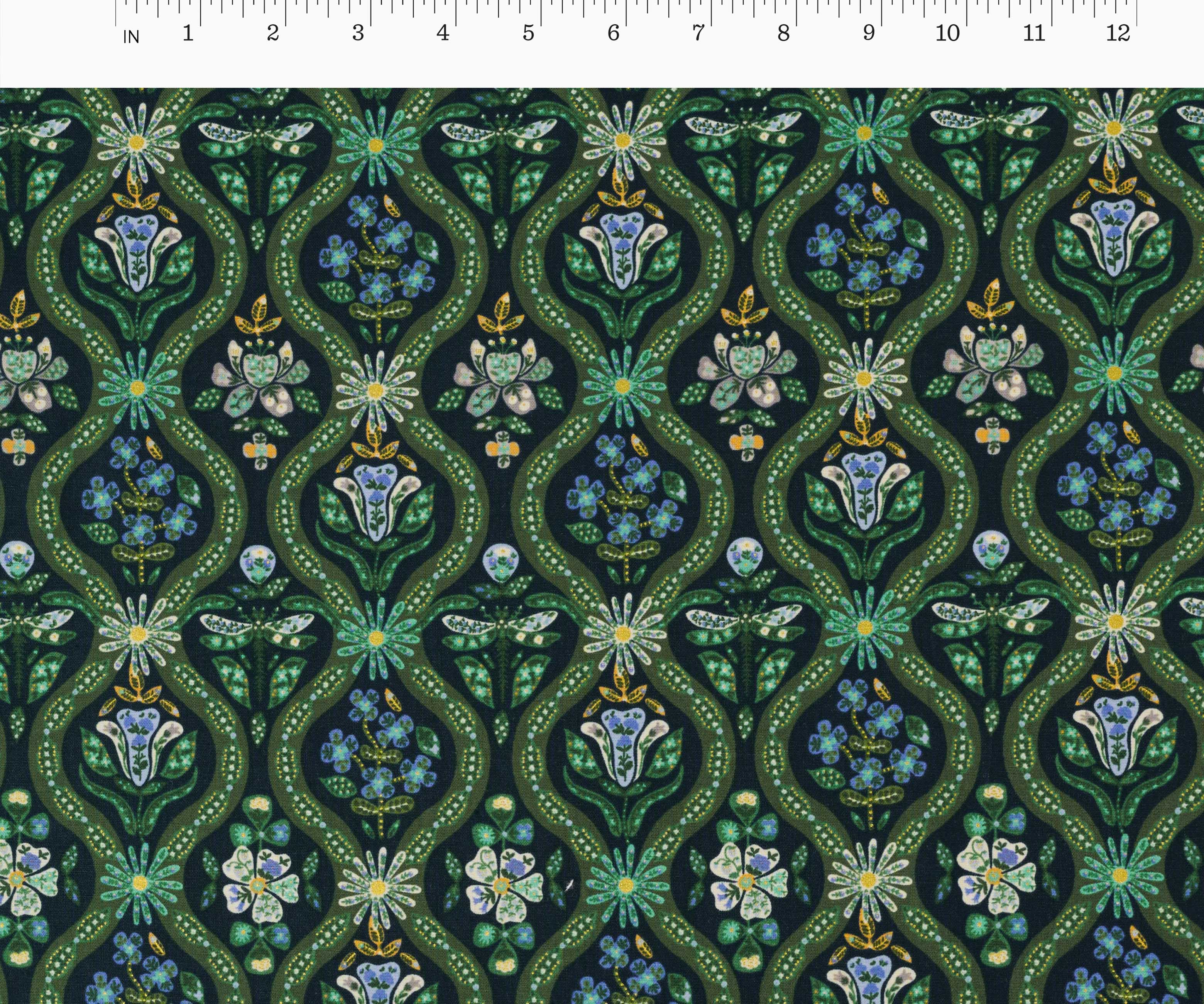 Posy Cotton Metallic Fabric - Peacock