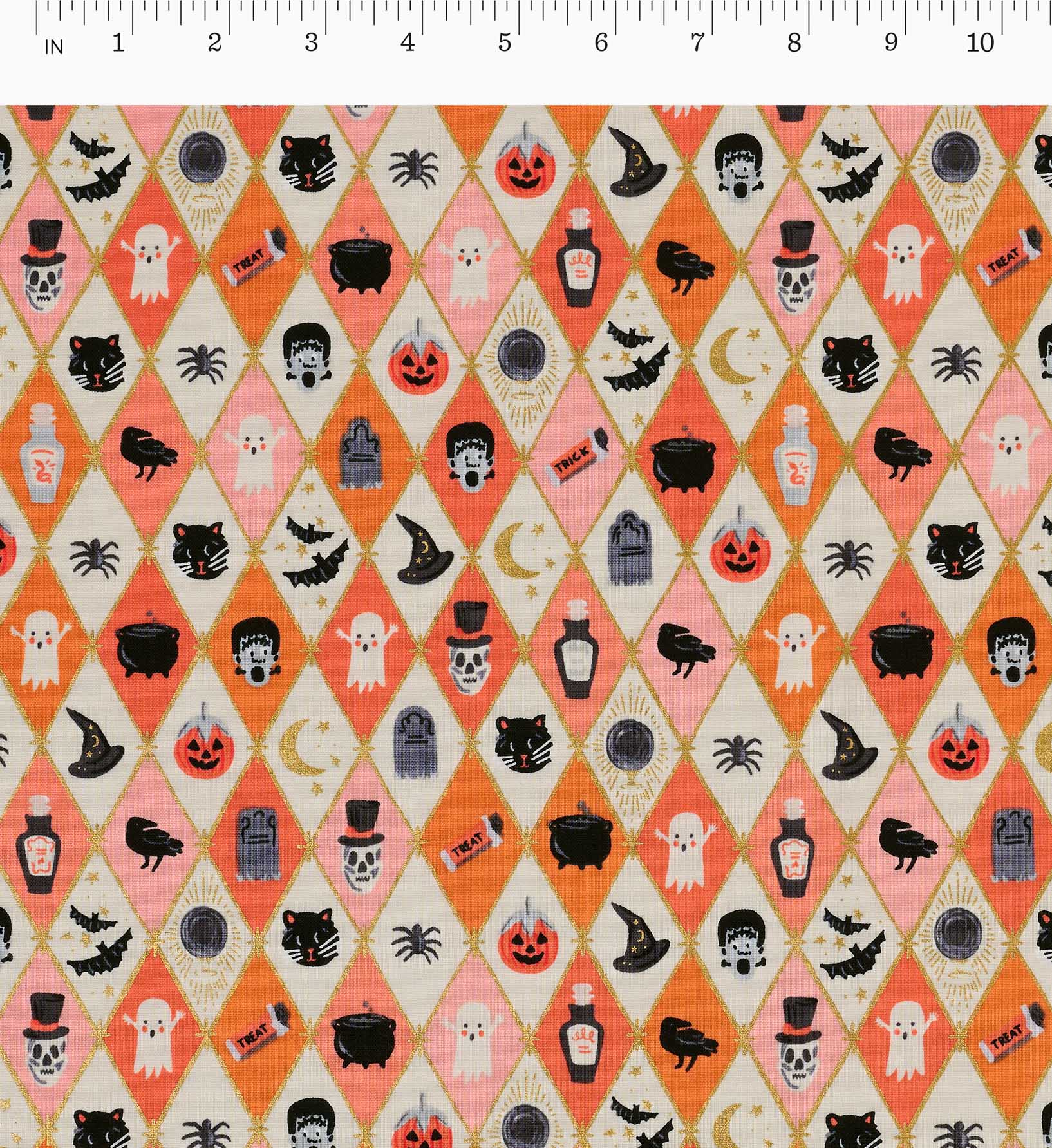 Halloween Argyle Cotton Metallic Fabric - Orange and Gold