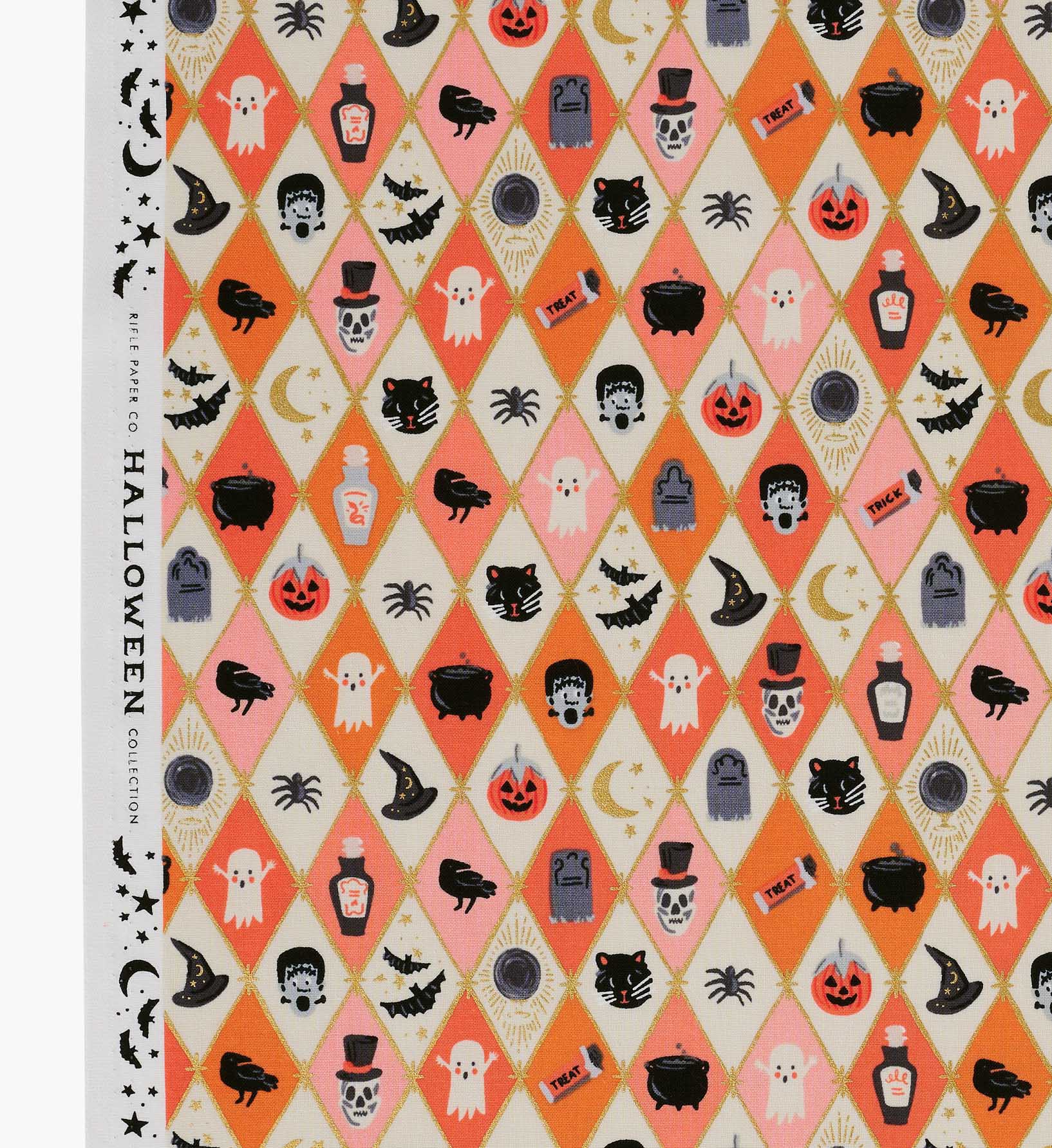 Halloween Argyle Cotton Metallic Fabric - Orange and Gold