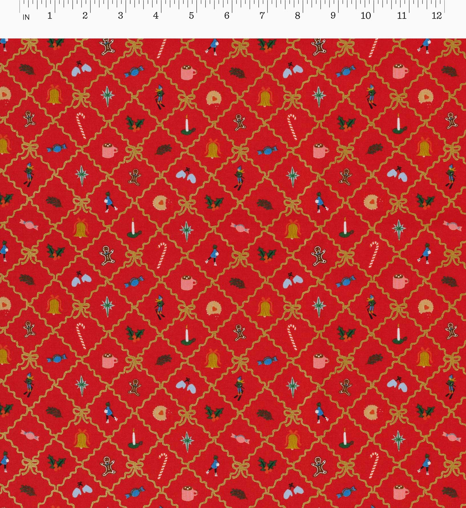 Holiday Argyle Cotton Metallic Fabric - Red and Gold