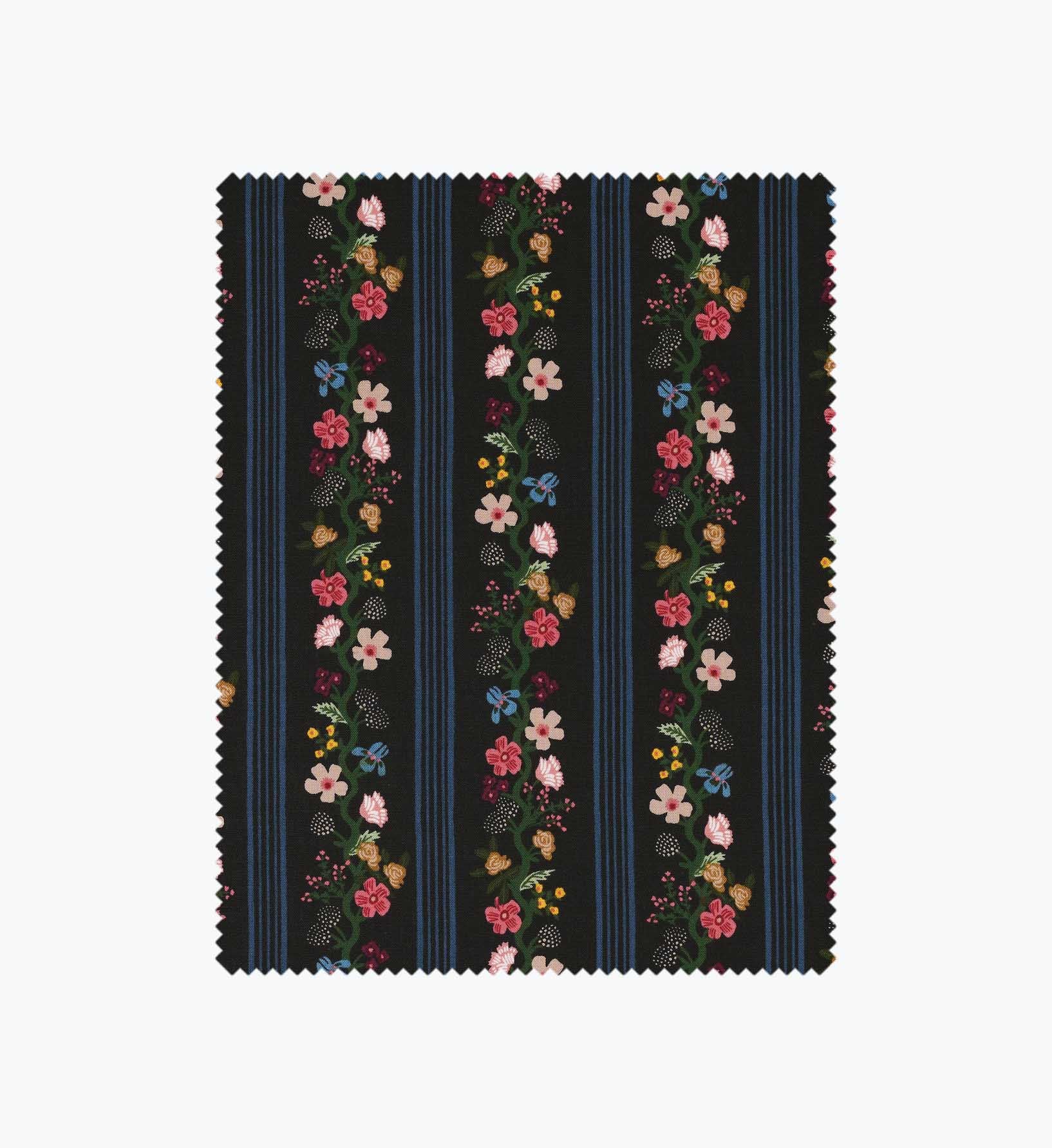 Floral Trellis Stripe Cotton Fabric - Black