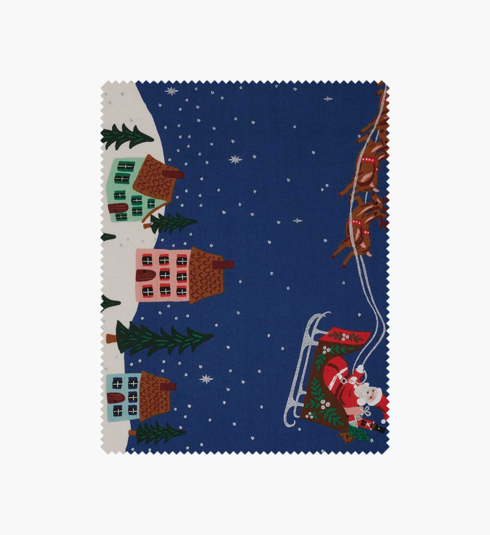Santa's Sleigh Cotton Metallic Fabric - Navy