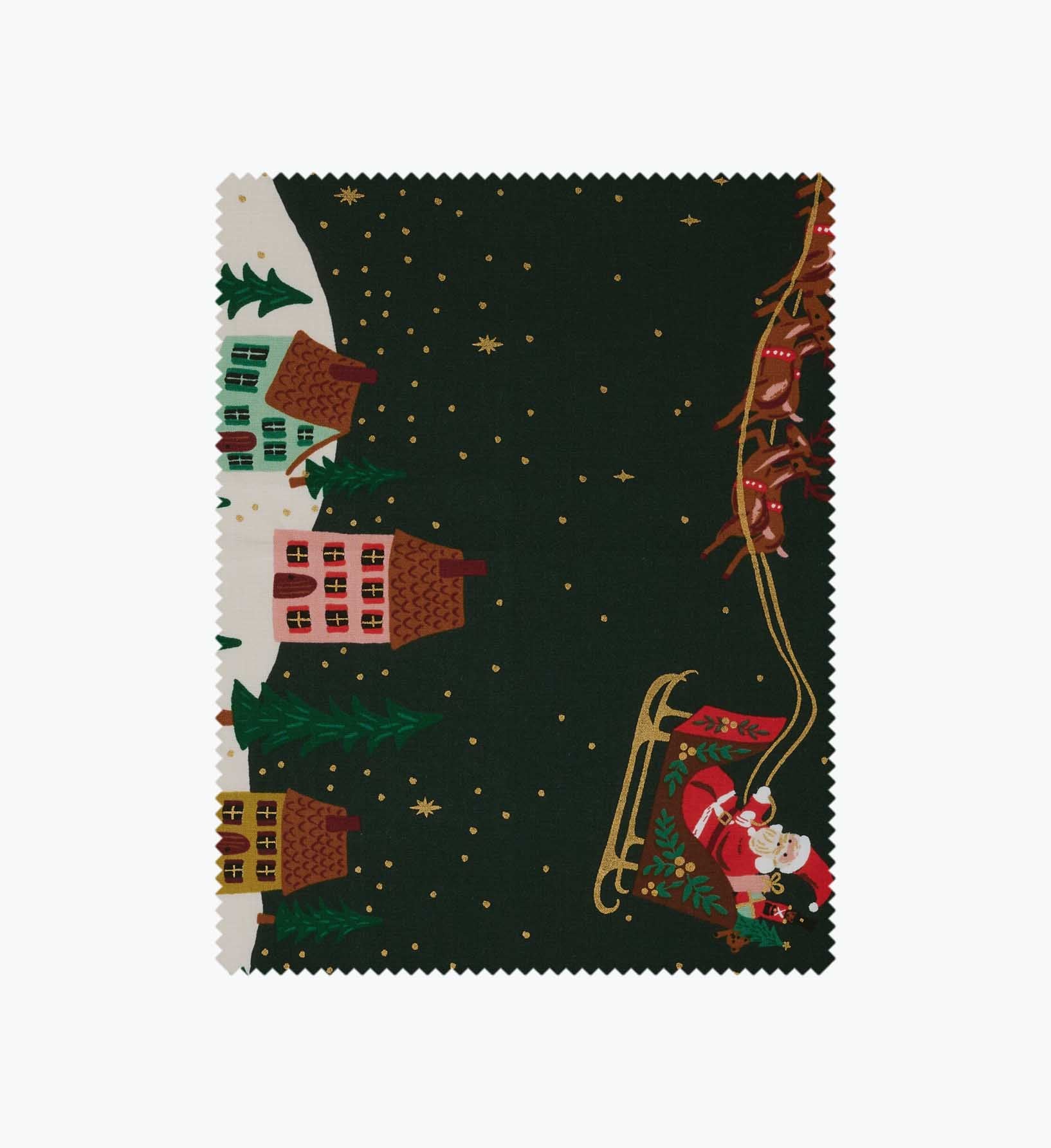 Santa's Sleigh Cotton Metallic Fabric - Evergreen