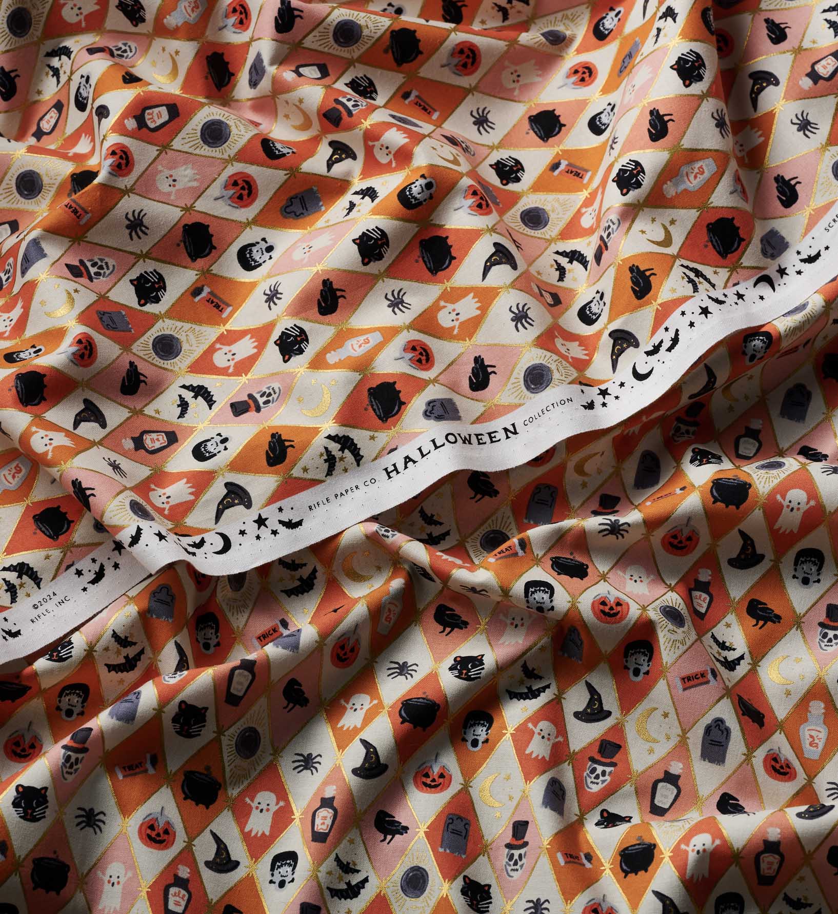 Halloween Argyle Cotton Metallic Fabric - Orange and Gold