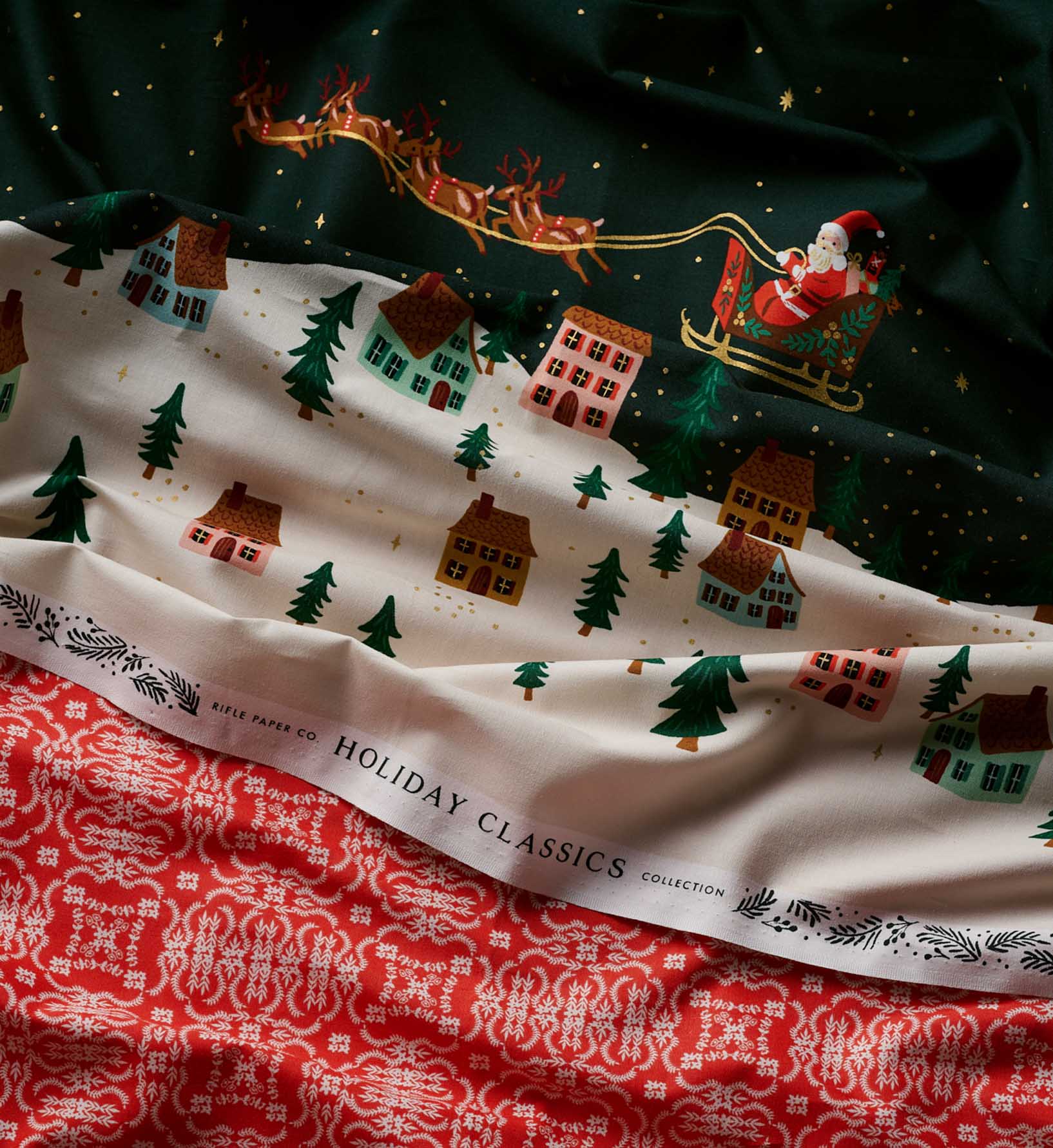 Santa's Sleigh Cotton Metallic Fabric - Evergreen