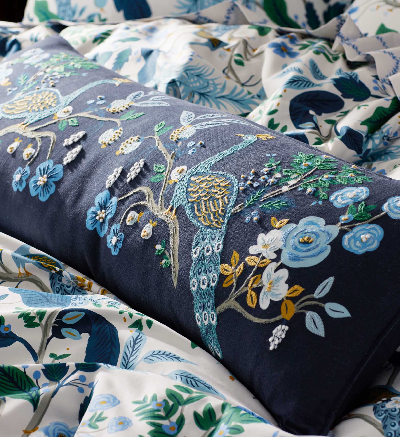 Embroidered Lumbar Pillow Cover - Peacock