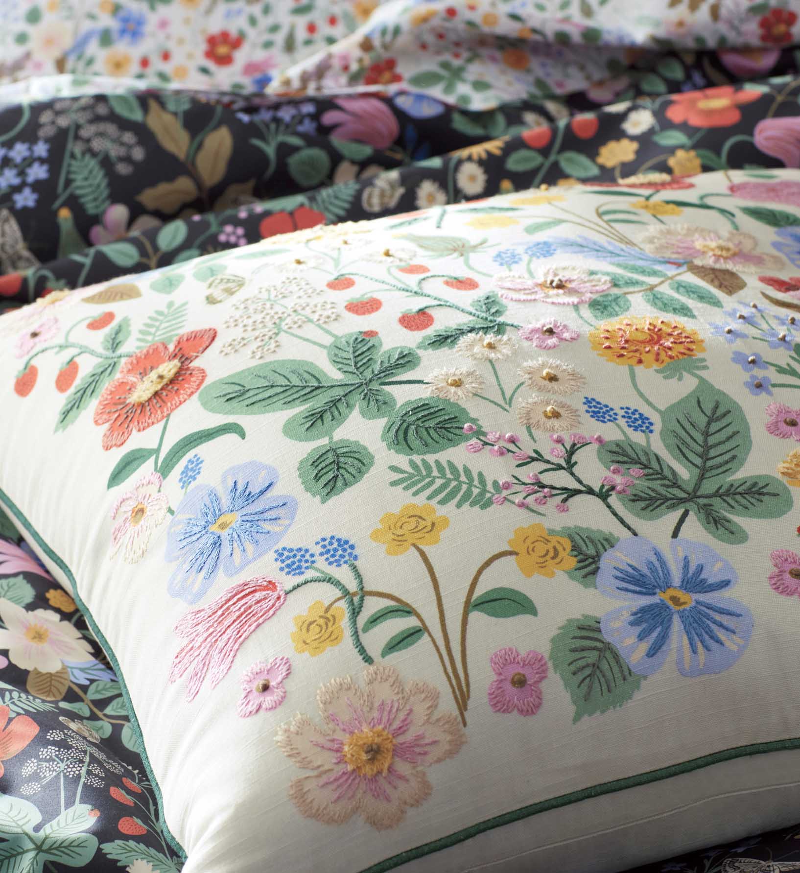 Embroidered Pillow Cover - Strawberry Fields