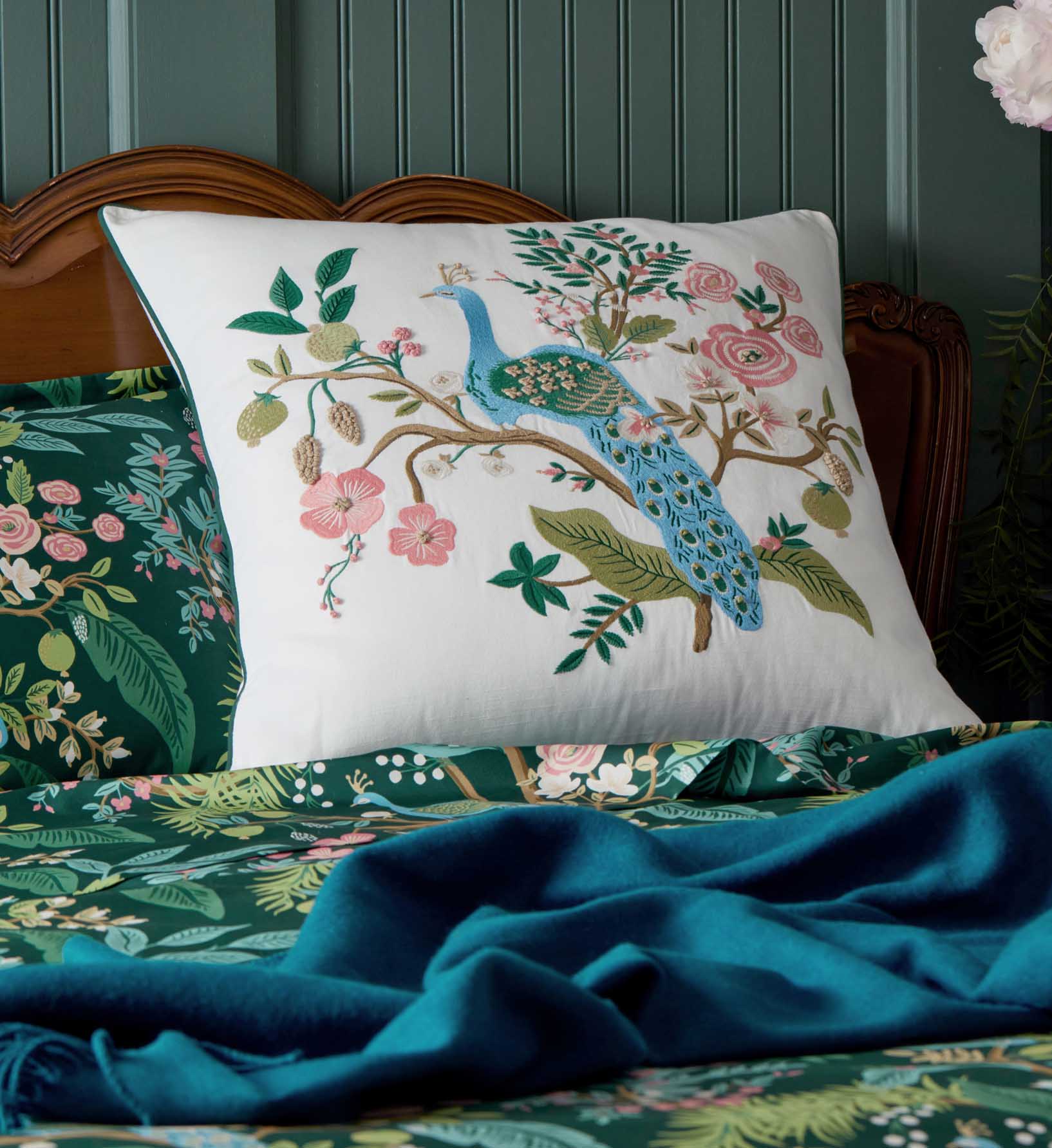 Embroidered Pillow Cover - Peacock White