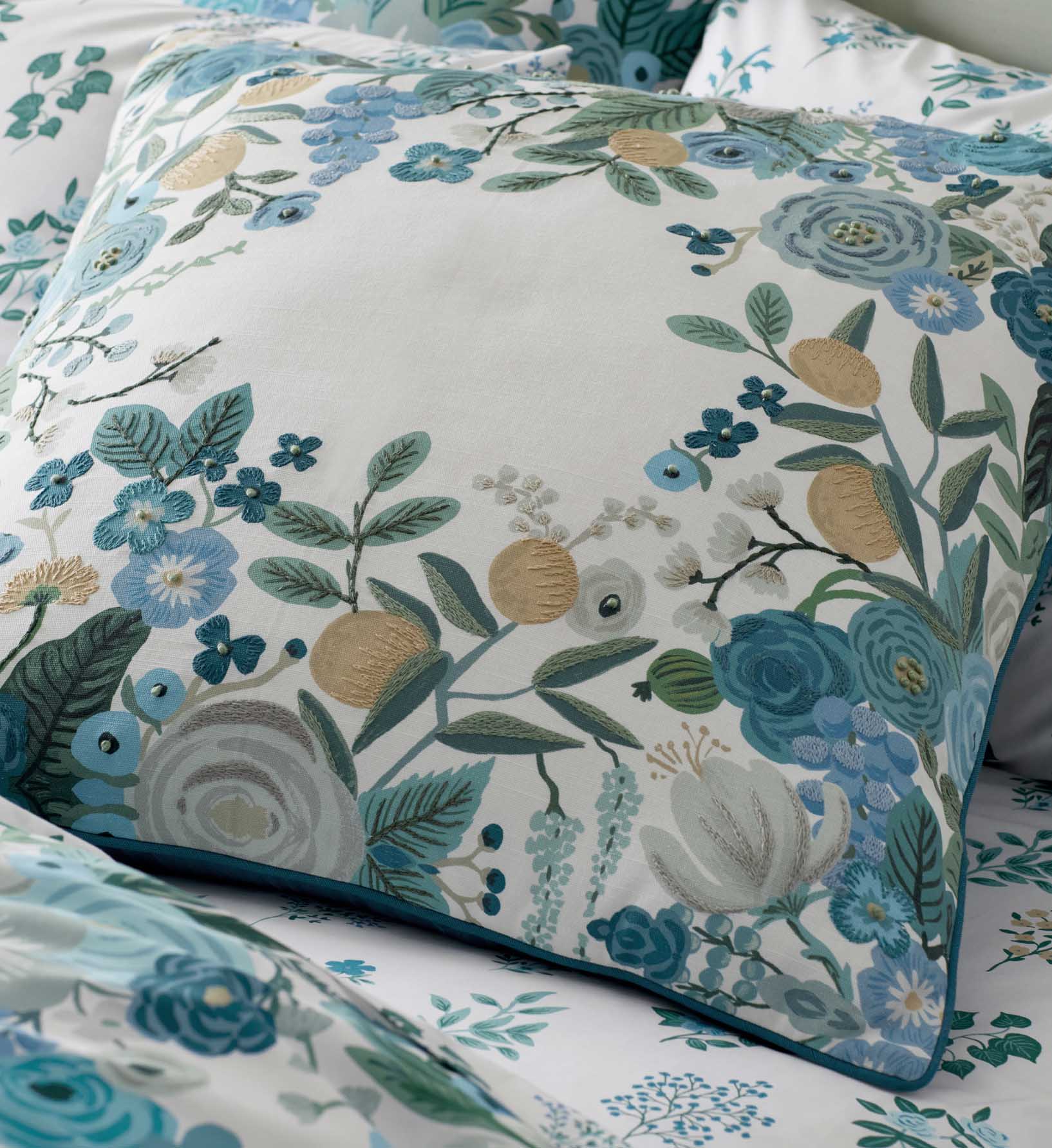 Embroidered Pillow Cover - Garden Party Blue