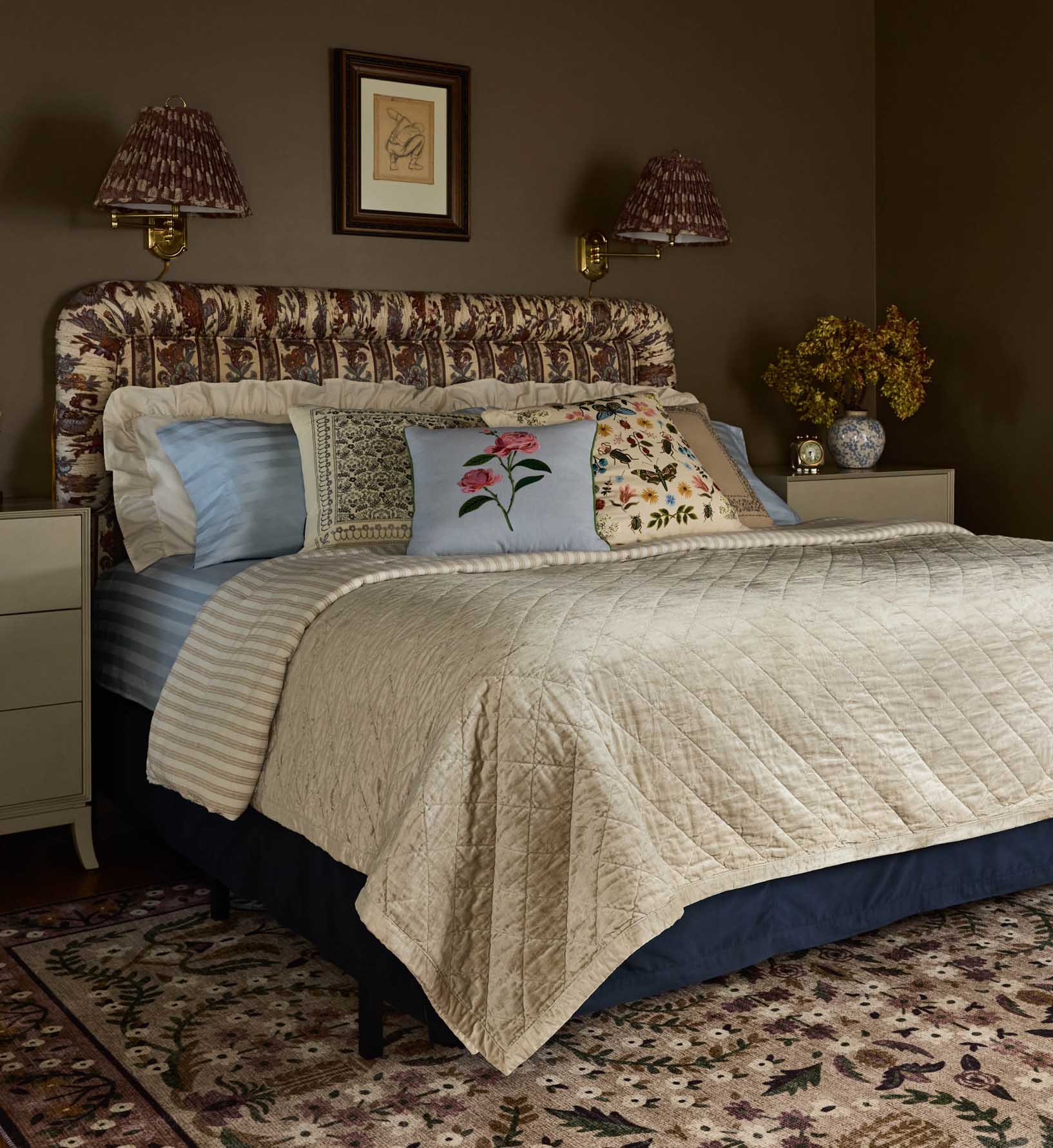 Garden Rose Embroidered Pillow - Blue