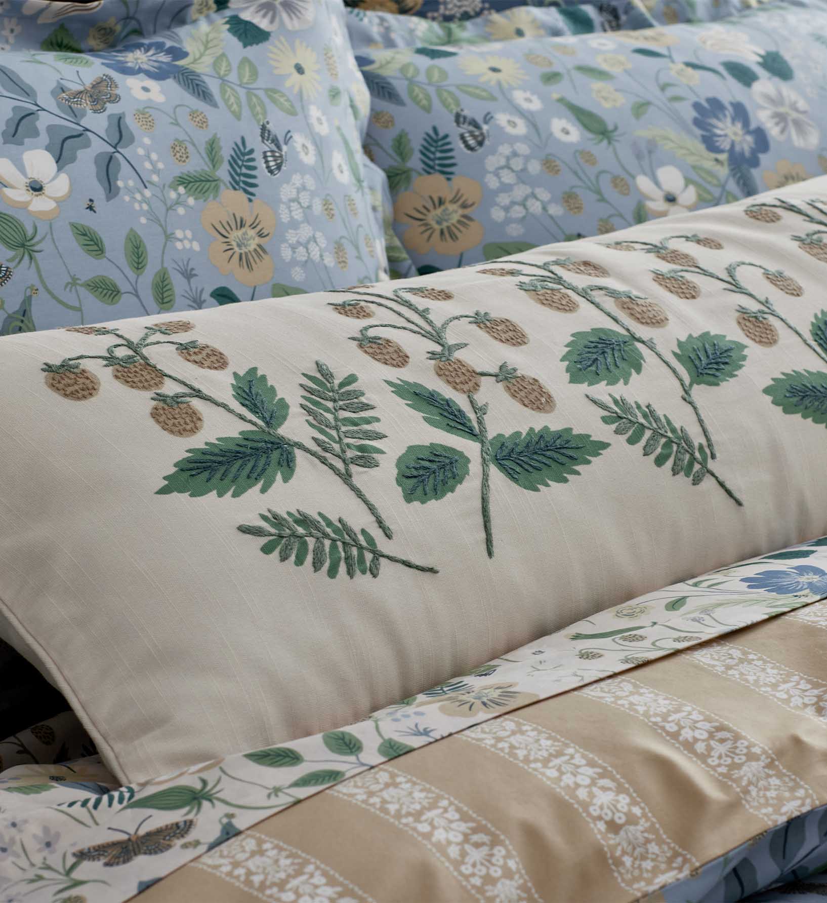 Embroidered Lumbar Pillow Cover - Strawberry Fields