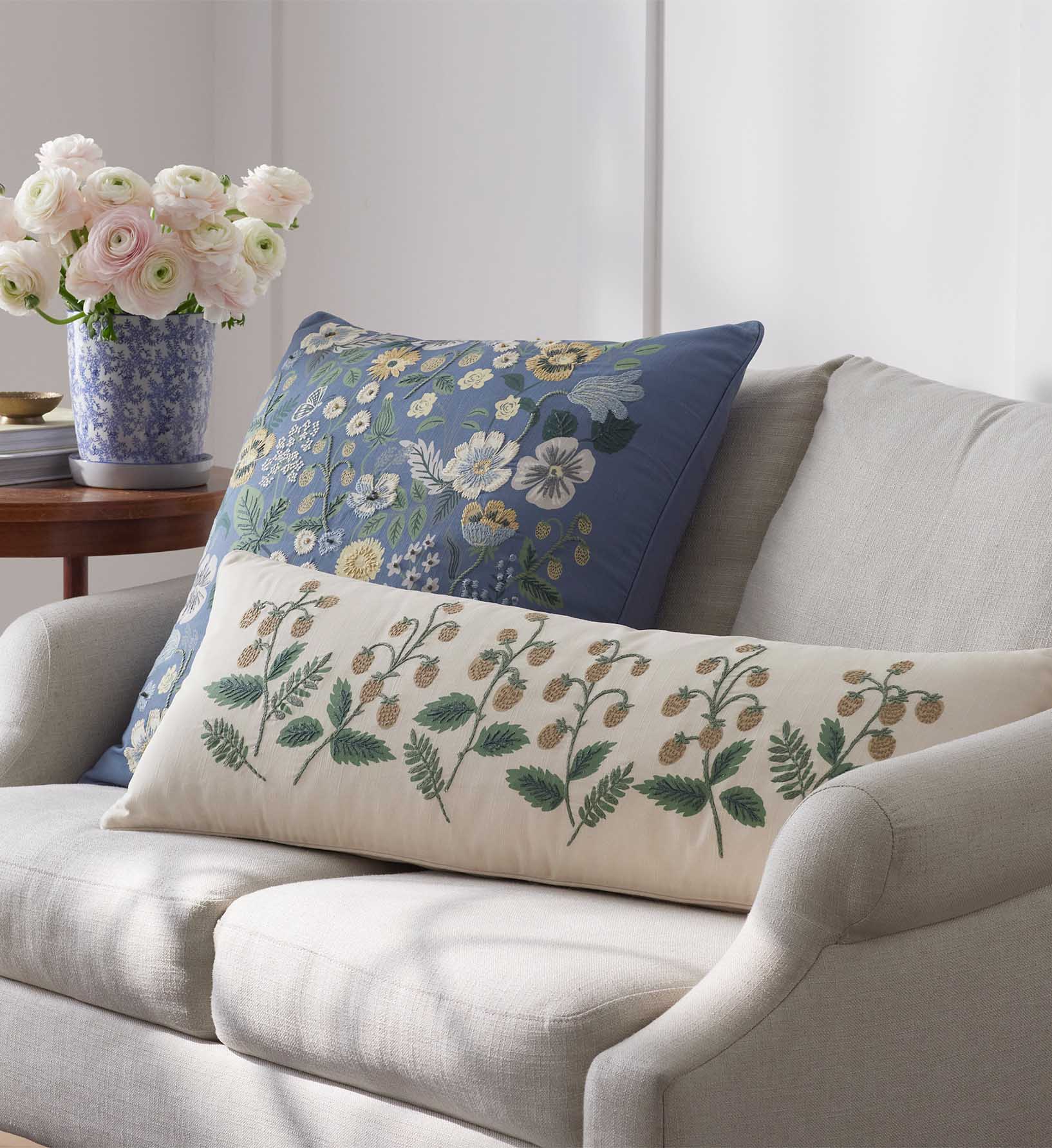 Embroidered Lumbar Pillow Cover - Strawberry Fields