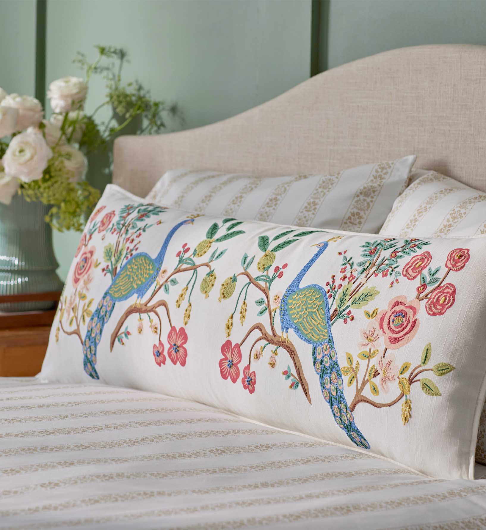 Embroidered Lumbar Pillow Cover - Peacock Ivory