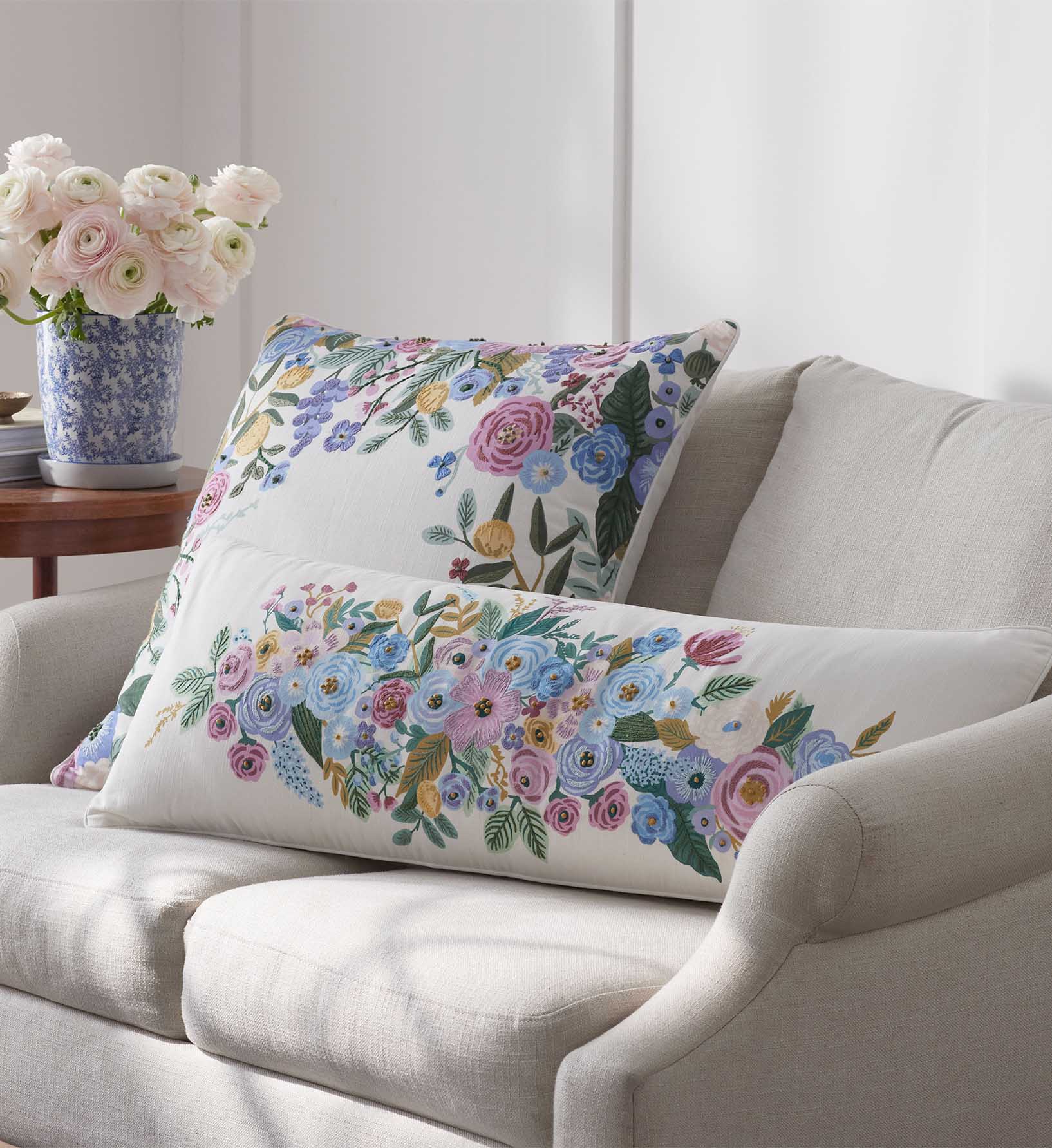 Embroidered Lumbar Pillow Cover - Garden Party Ivory