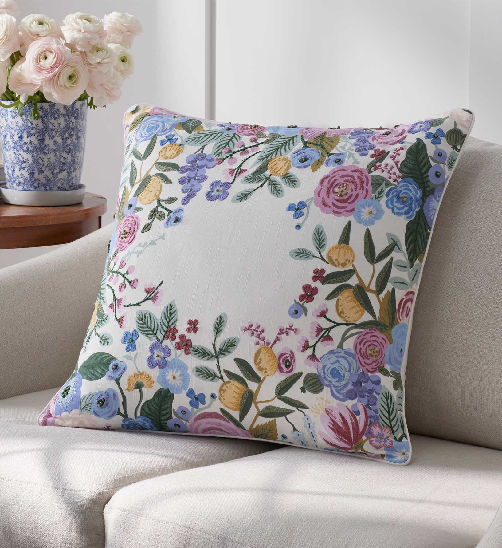 Embroidered Pillow Cover - Garden Party Ivory