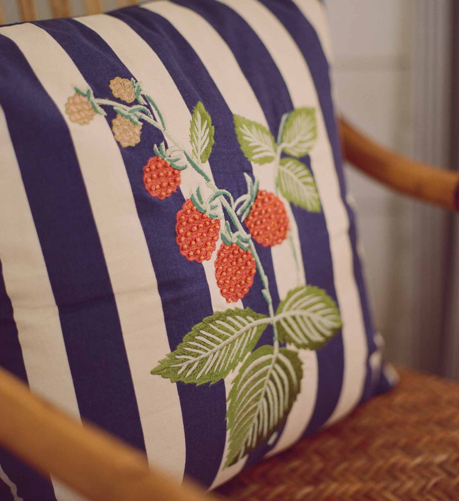Raspberries Embroidered Pillow - Navy | Rifle Paper Co.