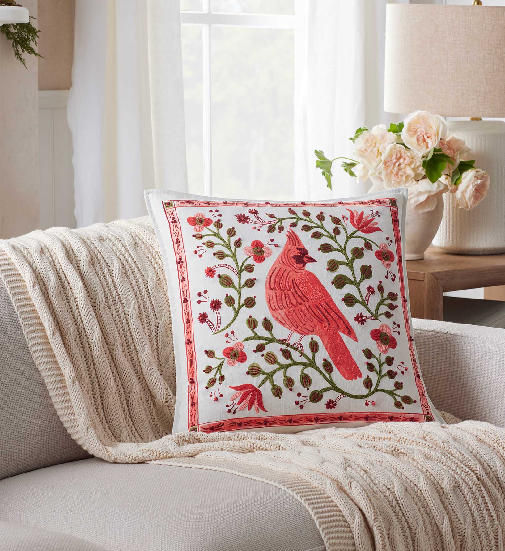 Embroidered Pillow Cover - Cardinals