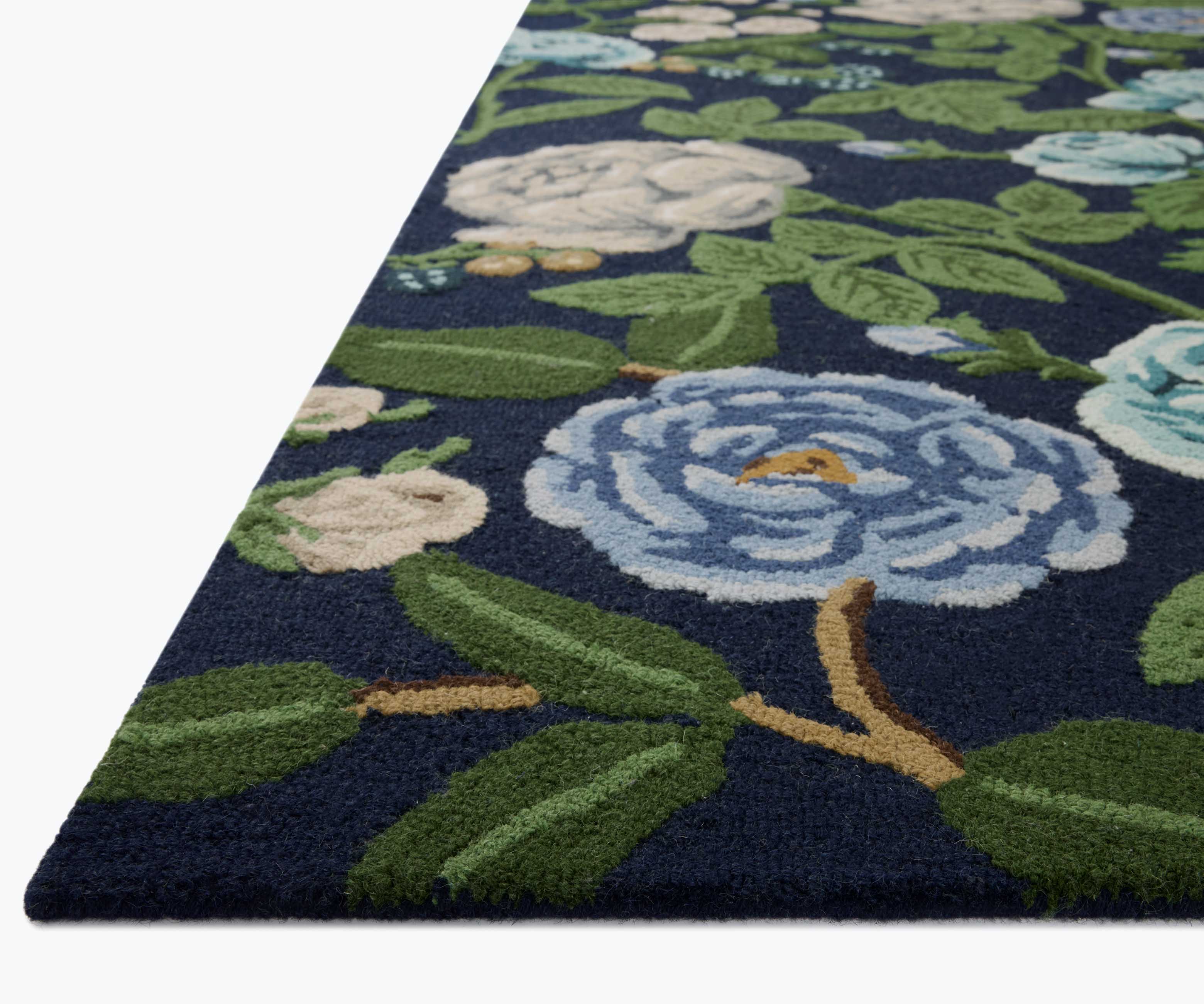 Hand Hooked Roses Rugs Highgrove Roses Wool Hooked Rug in Navy | Rifle Paper Co.