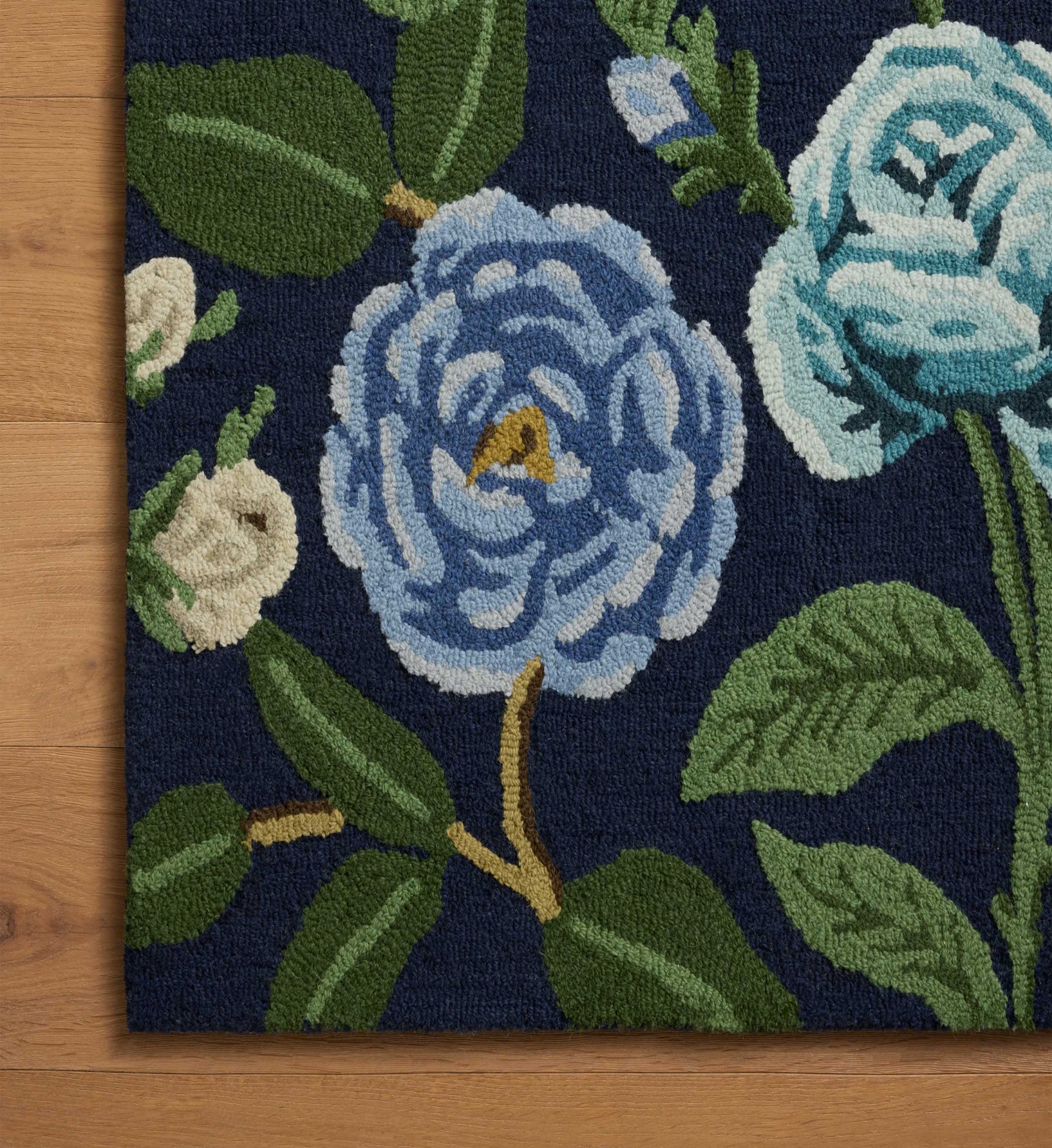 Hand Hooked Roses Rugs Highgrove Roses Wool Hooked Rug in Navy | Rifle Paper Co.