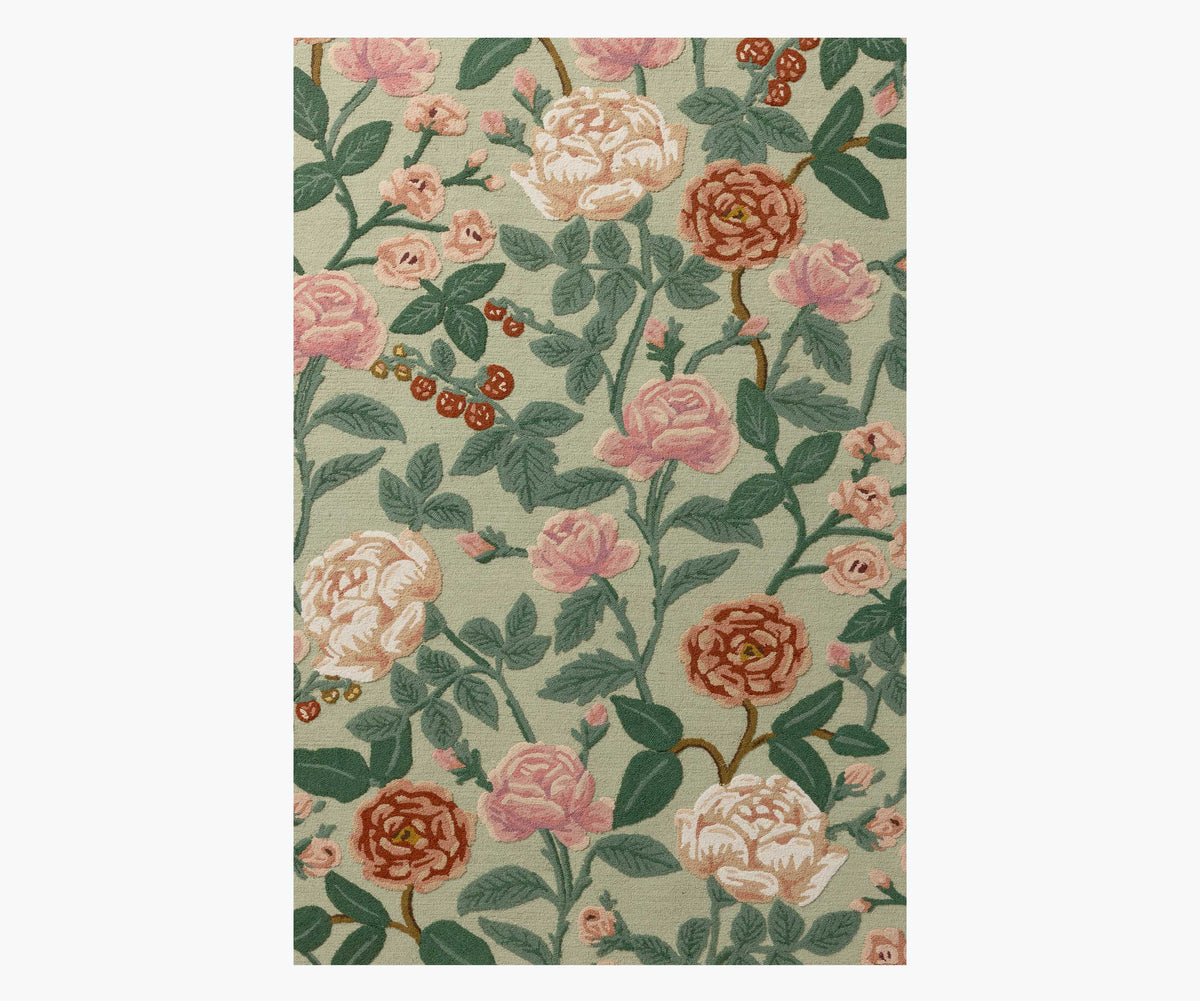 Highgrove Roses Wool Hooked Rug in Mint | Rifle Paper Co.