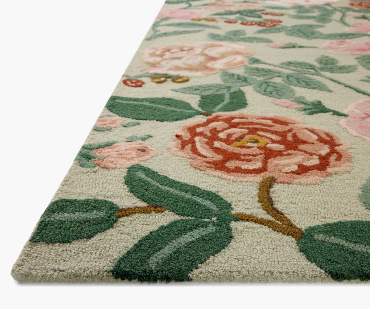 Woven Rug Pattern Roses Highgrove Roses Wool Hooked Rug in Mint | Rifle Paper Co.