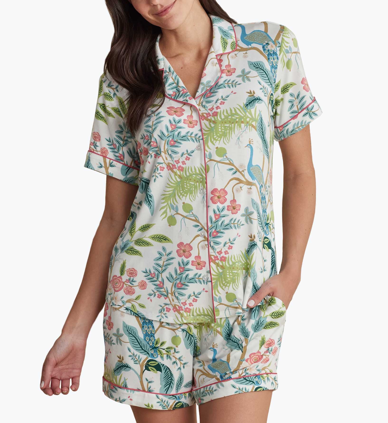 Tencel Modal Button Front Short Set - Peacock Ivory