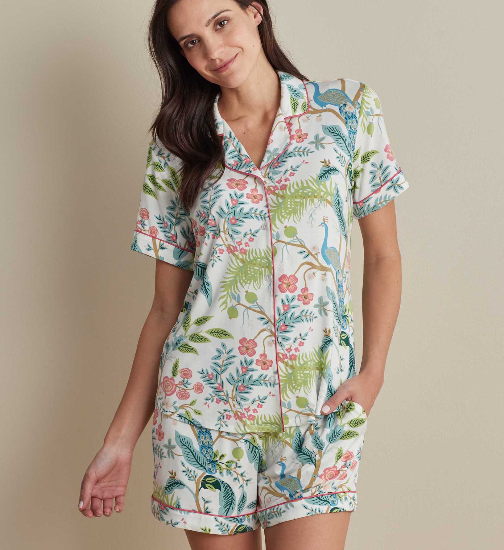 Tencel Modal Button Front Short Set - Peacock Ivory