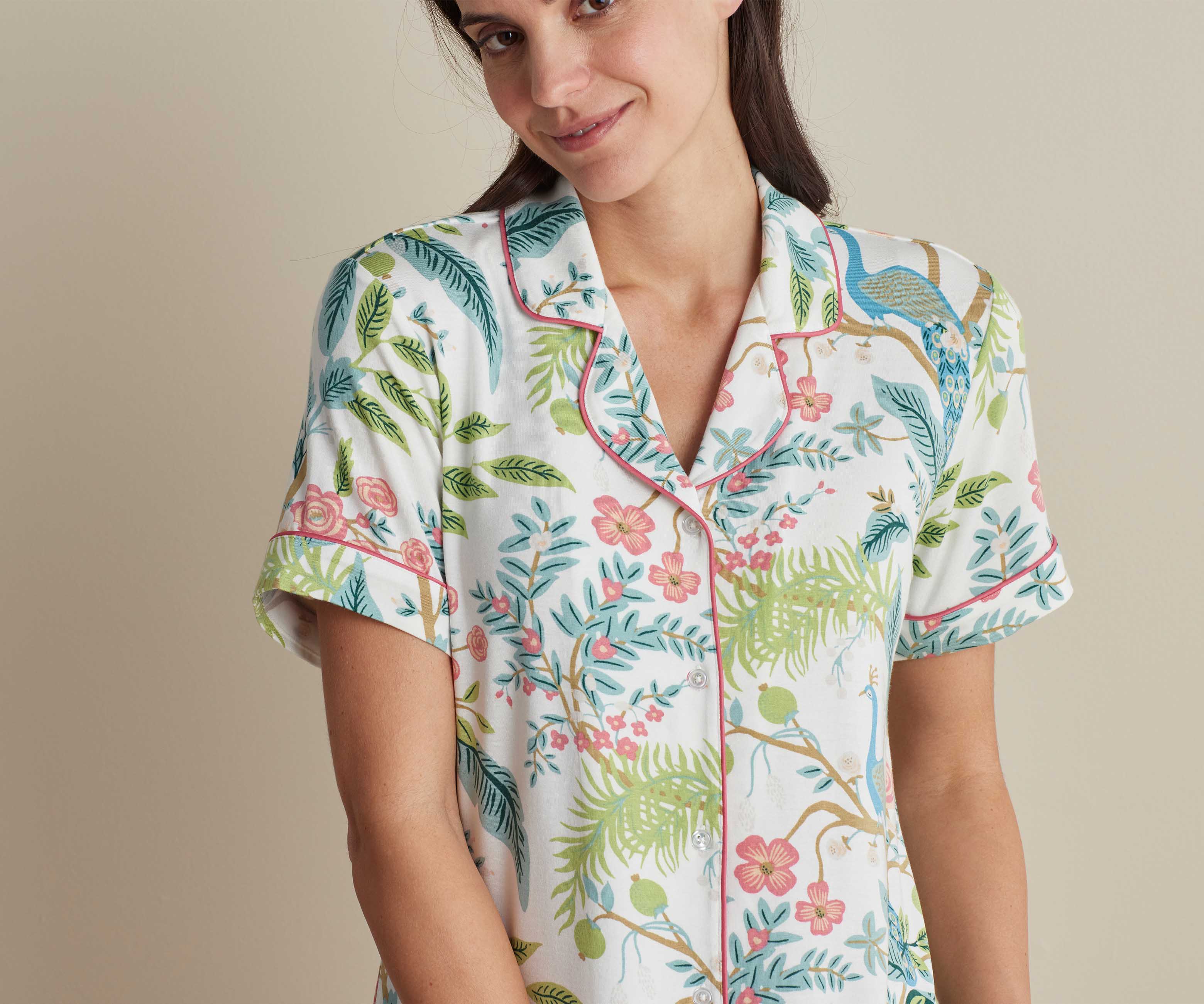 Tencel Modal Button Front Short Set - Peacock Ivory