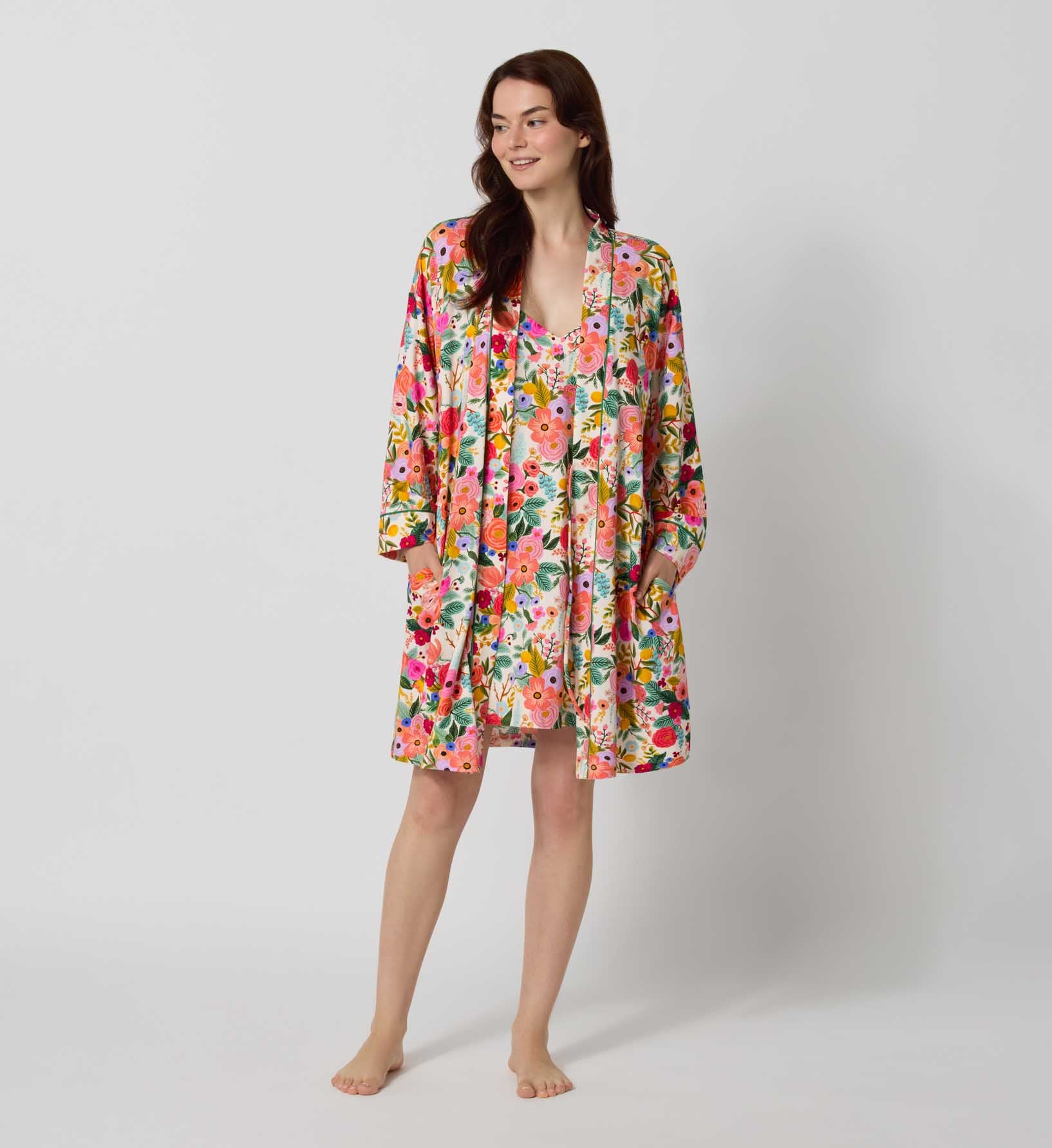 Jersey Banded Collar Robe - Garden Party