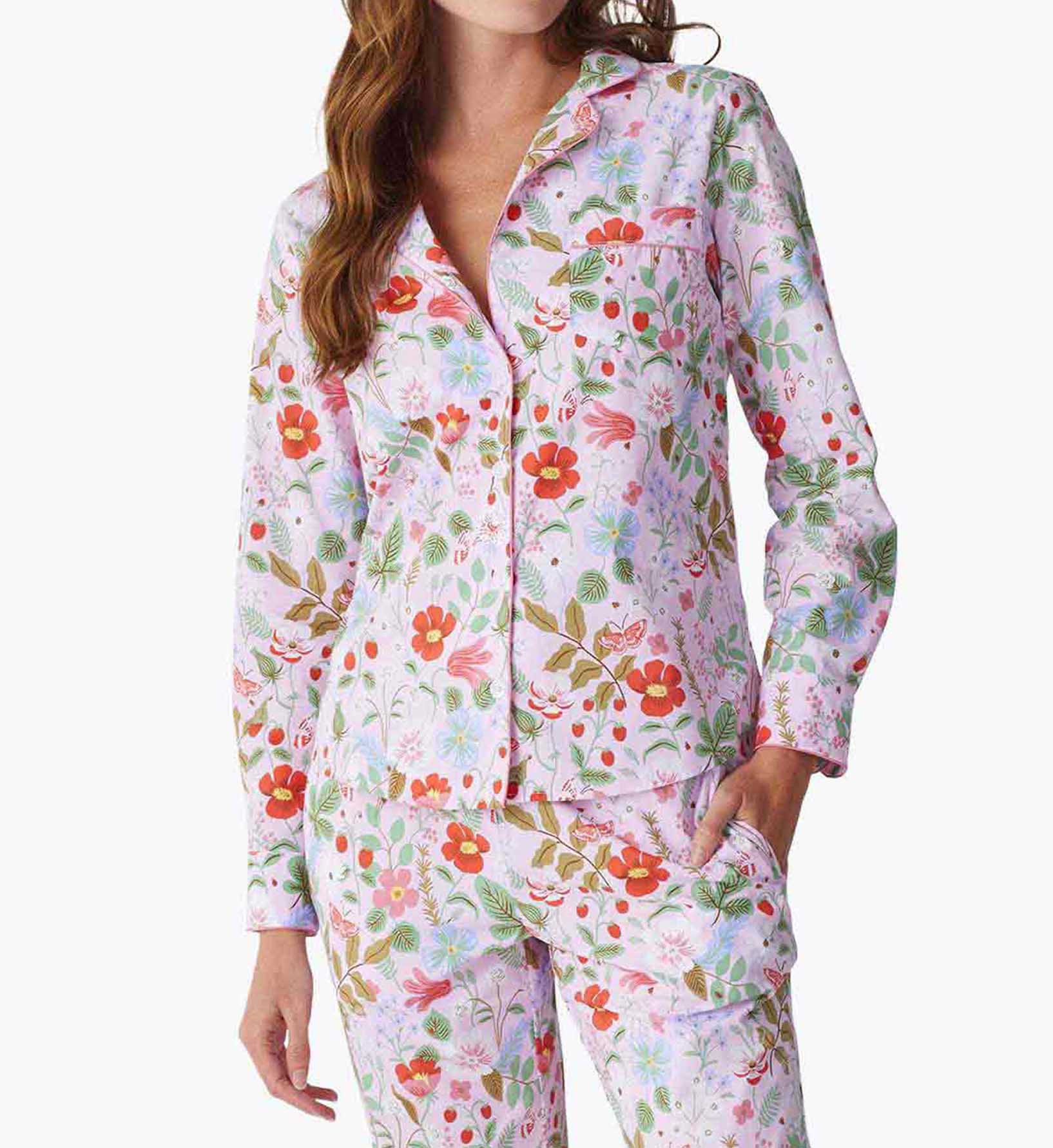 Poplin Button Front Long Set - Strawberry Fields