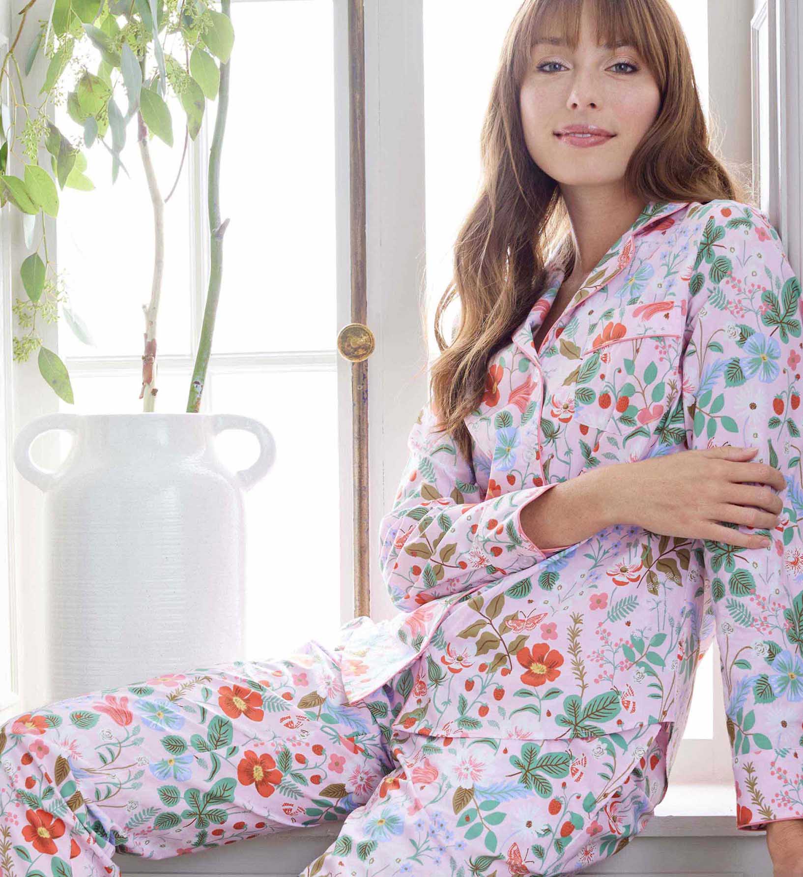 Poplin Button Front Long Set - Strawberry Fields