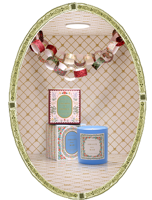 Decorative tray with cards and a candle on a white background