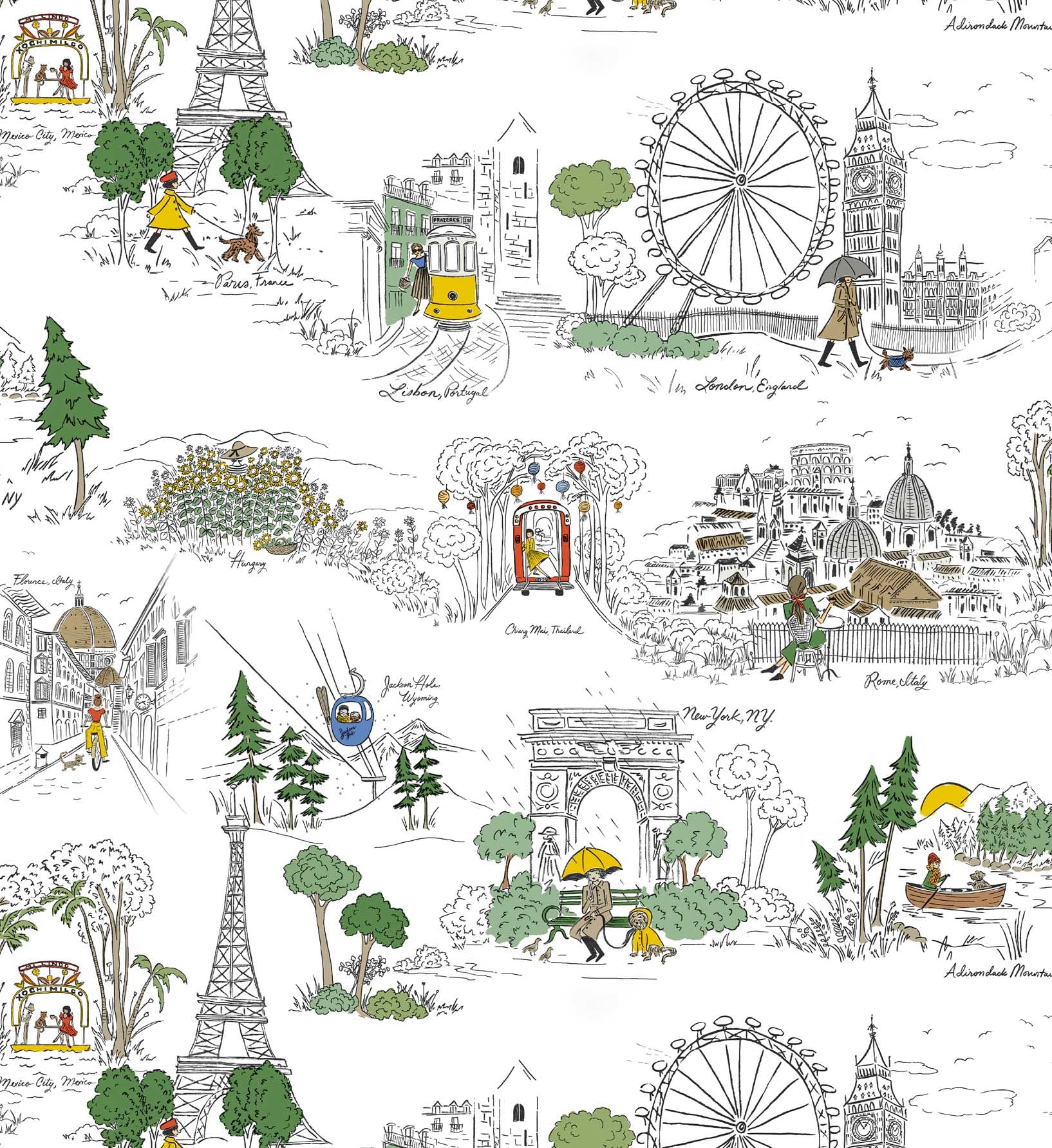 Travel Sketches Peel & Stick Wallpaper - Yellow Multi